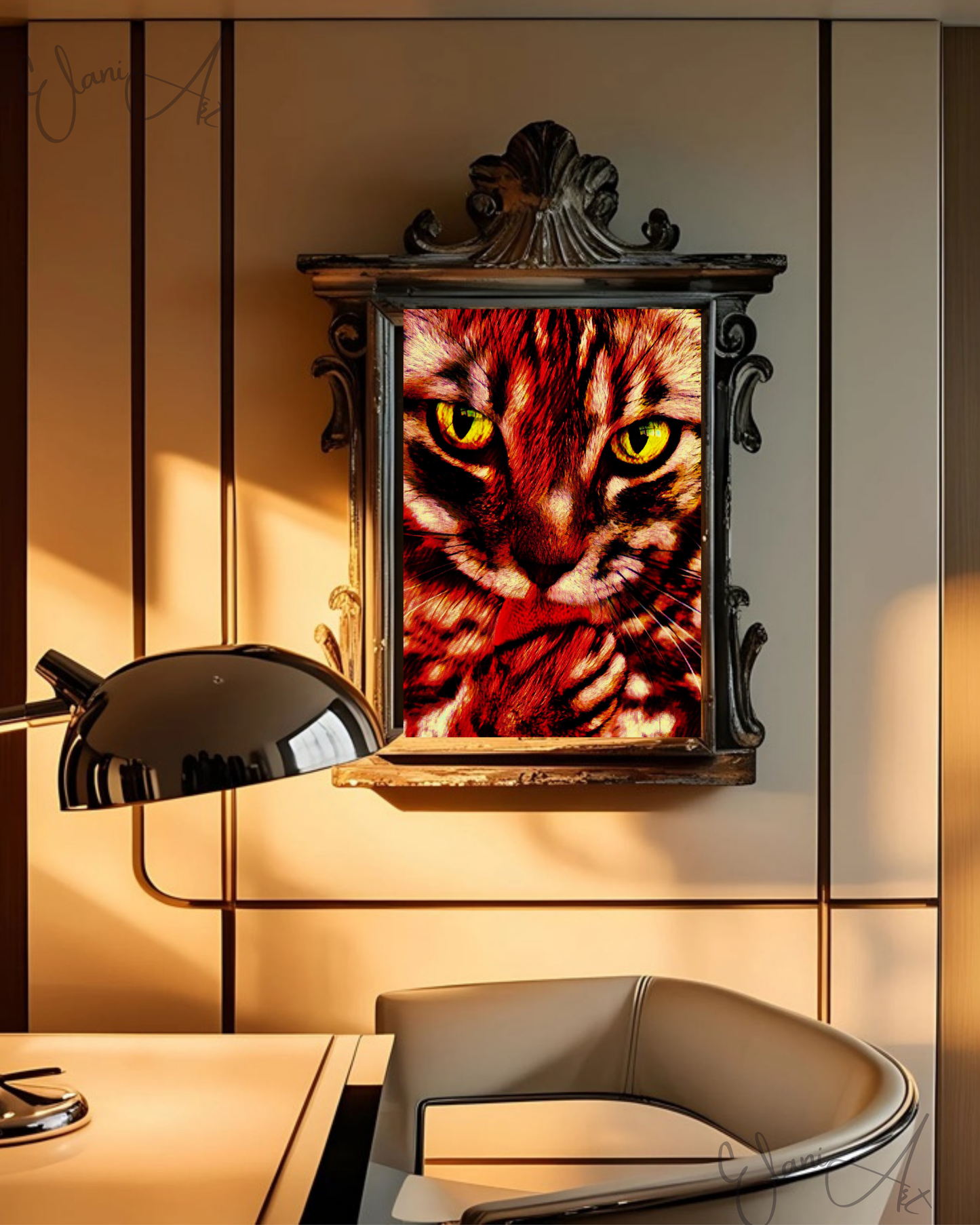 GOT MY TONGUE - An Original Vibrant Red Colorful Cat Licking Paw Feline Close-Up Animal Portrait Impressionistic Artwork Print by ElaniArt