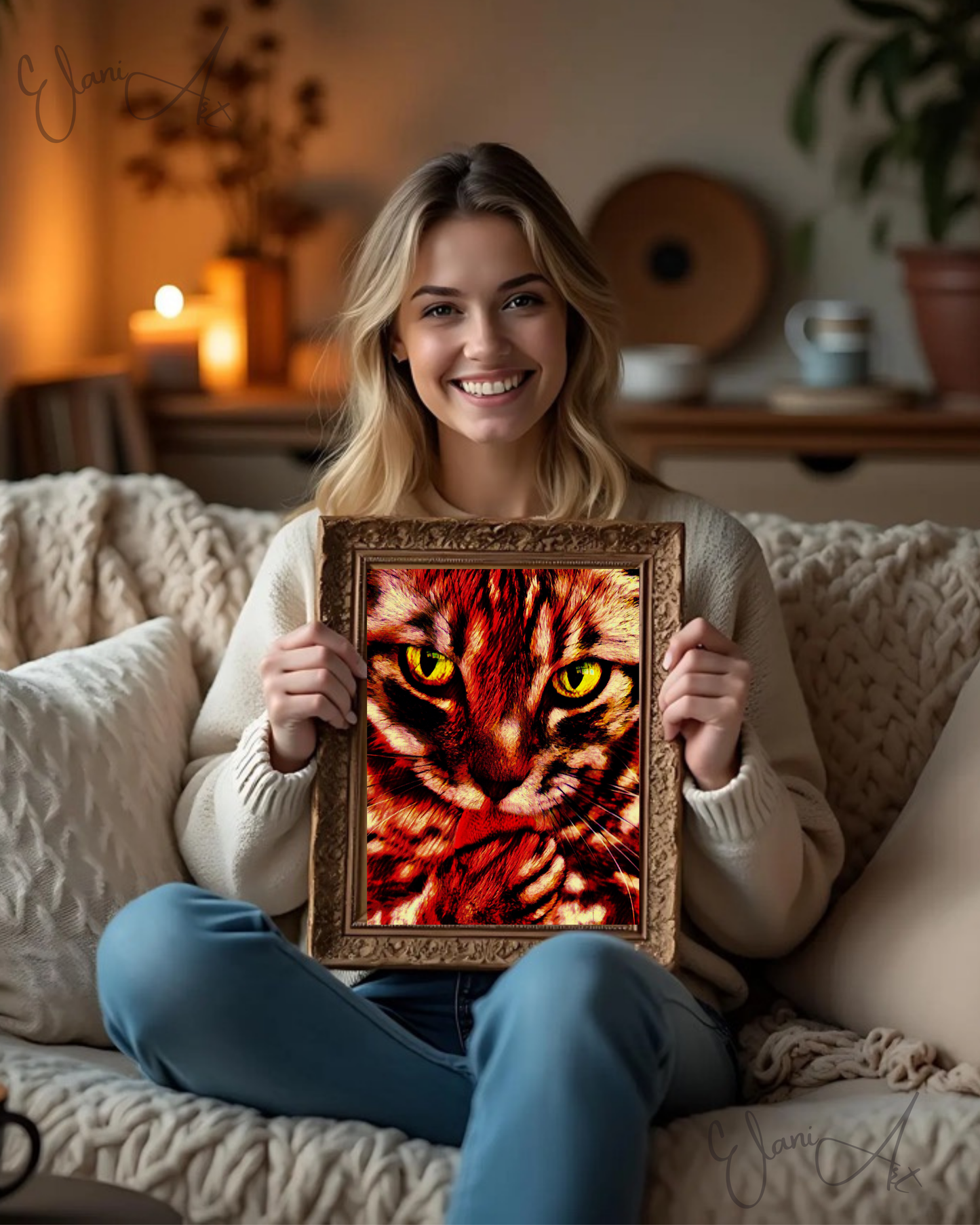 GOT MY TONGUE - An Original Vibrant Red Colorful Cat Licking Paw Feline Close-Up Animal Portrait Impressionistic Artwork Print by ElaniArt