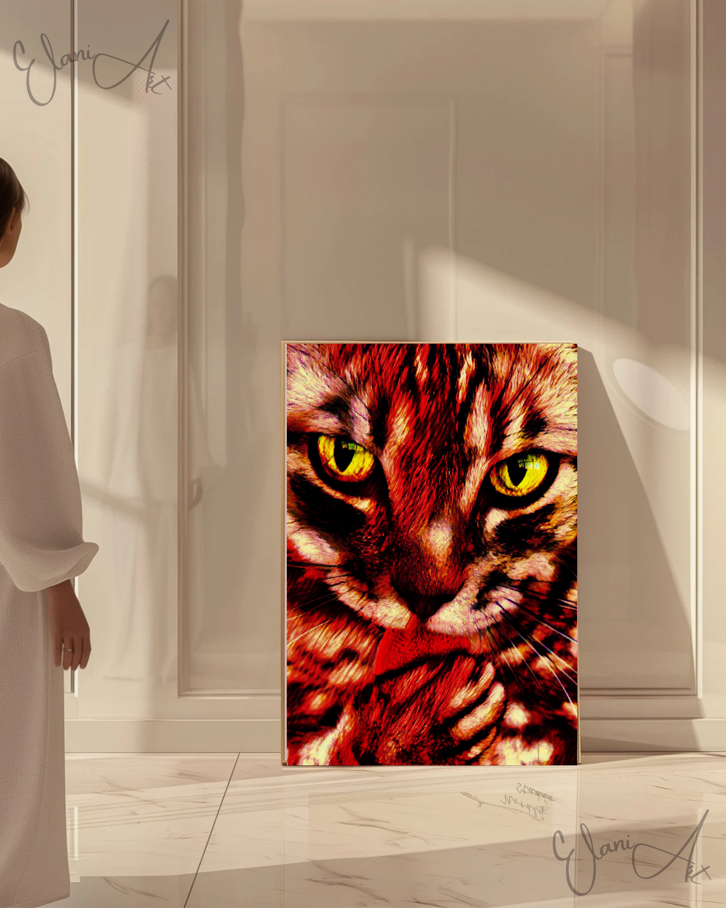 GOT MY TONGUE - An Original Vibrant Red Colorful Cat Licking Paw Feline Close-Up Animal Portrait Impressionistic Artwork Print by ElaniArt