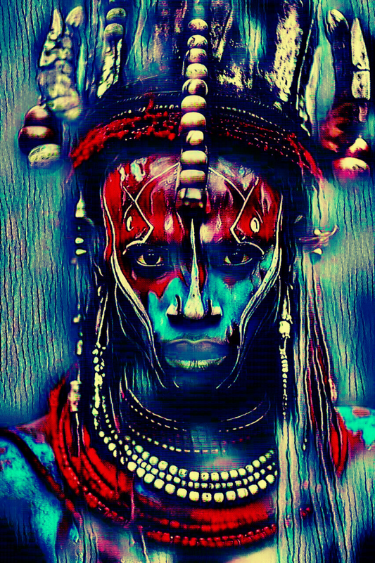 HABARI - An Original Vibrant Blue Red 19th Century Tribal Warrior African Man Portraiture Impressionistic Wall Artwork Print by ElaniArt