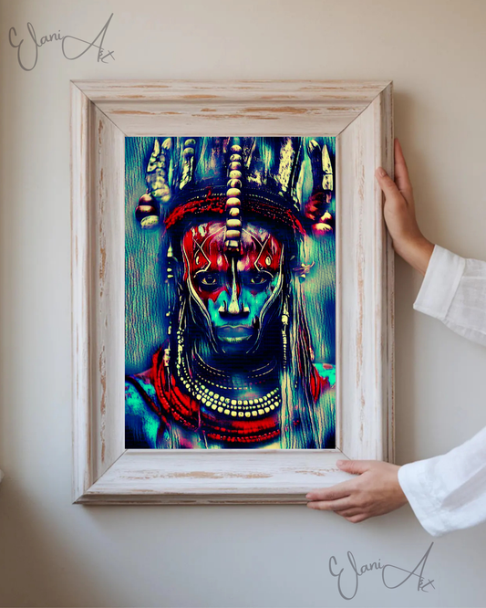 HABARI - An Original Vibrant Blue Red 19th Century Tribal Warrior African Man Portraiture Impressionistic Wall Artwork Print by ElaniArt