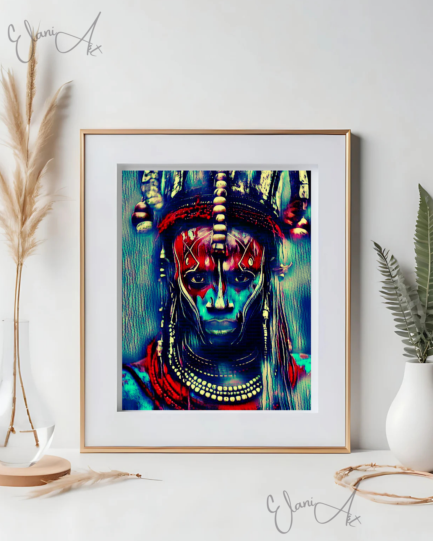 HABARI - An Original Vibrant Blue Red 19th Century Tribal Warrior African Man Portraiture Impressionistic Wall Artwork Print by ElaniArt