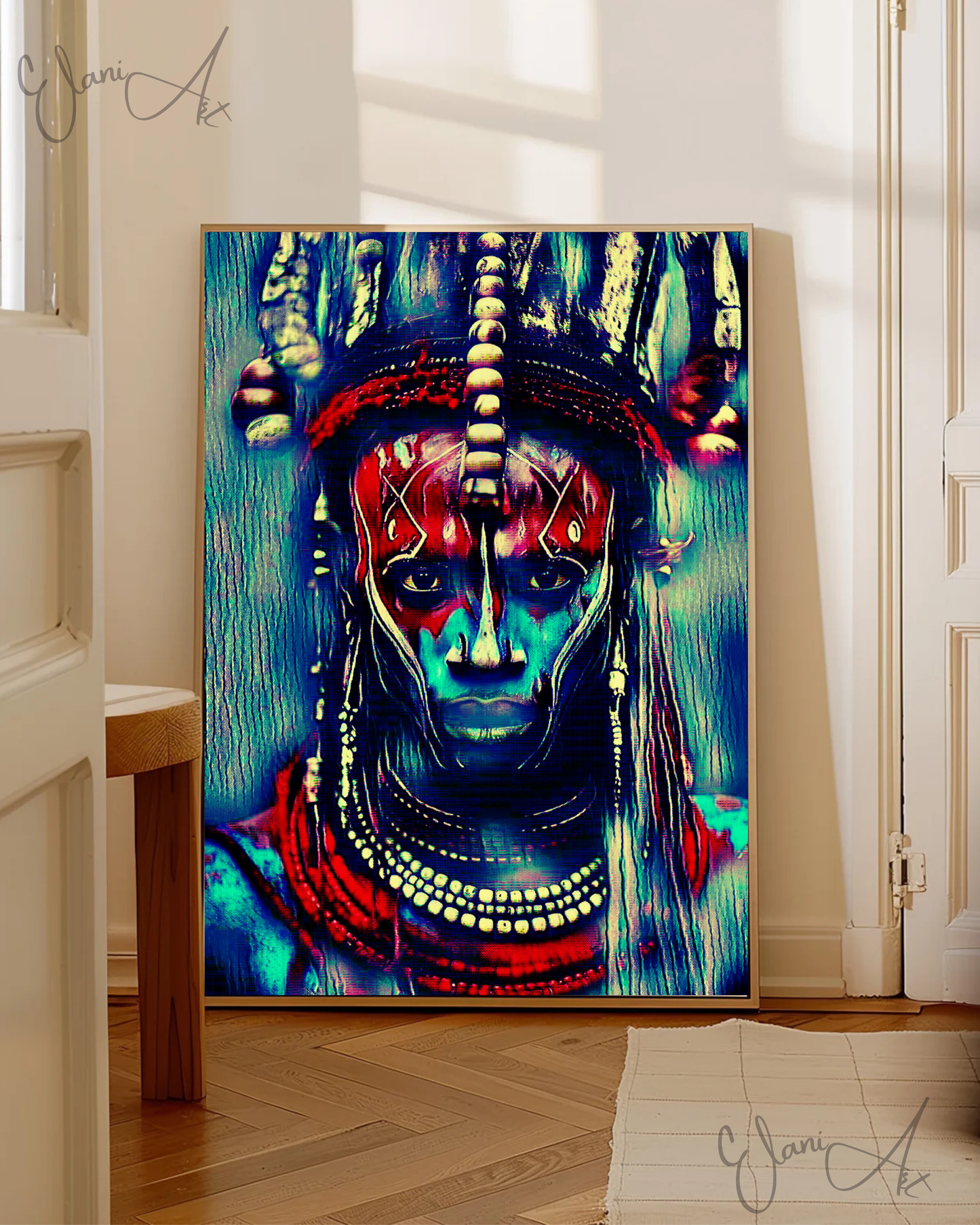 HABARI - An Original Vibrant Blue Red 19th Century Tribal Warrior African Man Portraiture Impressionistic Wall Artwork Print by ElaniArt