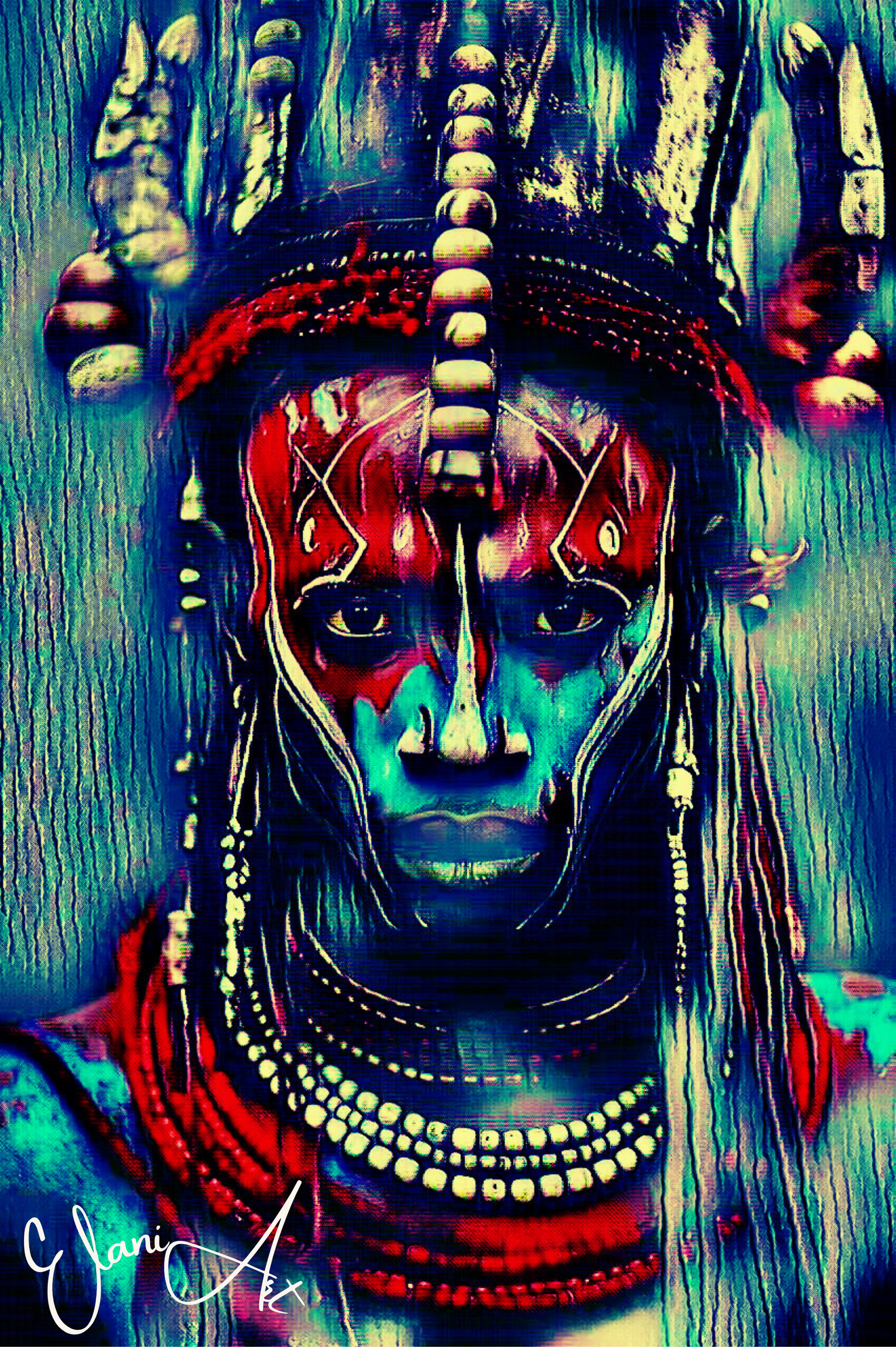 HABARI - An Original Vibrant Blue Red 19th Century Tribal Warrior African Man Portraiture Impressionistic Wall Artwork Print by ElaniArt