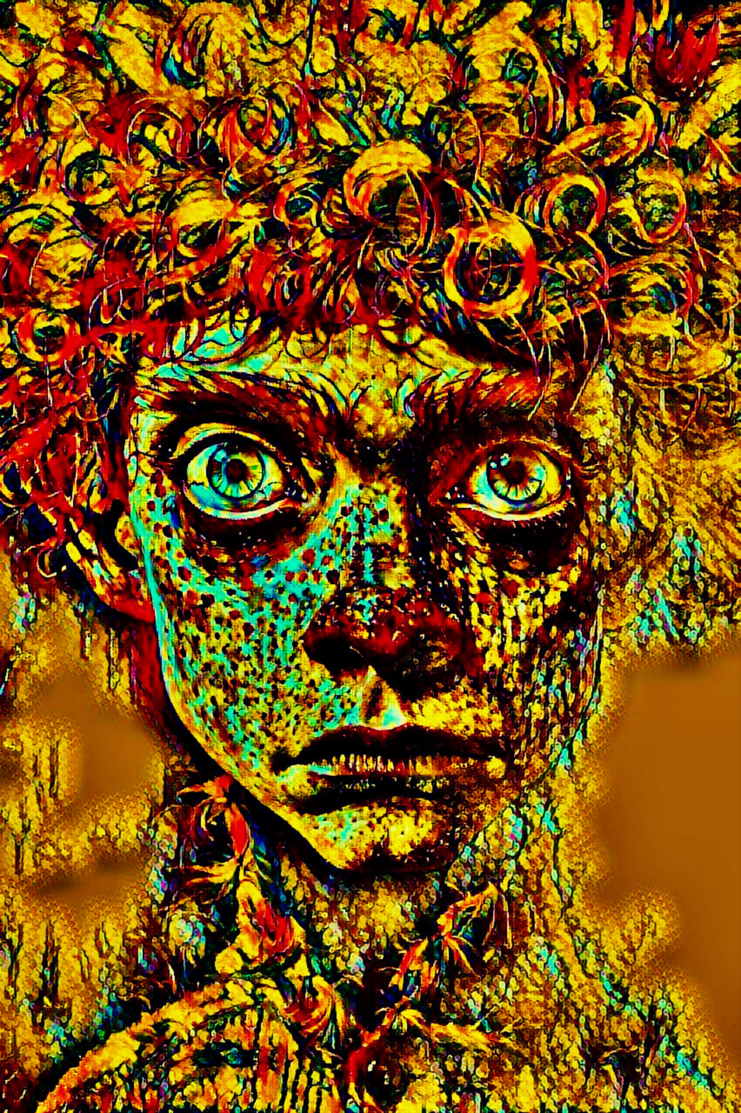 HALLUCINATIONS - An Original Vibrant Portraiture Man's Face Curly Red Hair Big Intense Eyes Impressionistic Wall Artwork Print by ElaniArt