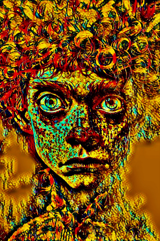 HALLUCINATIONS - An Original Vibrant Portraiture Man's Face Curly Red Hair Big Intense Eyes Impressionistic Wall Artwork Print by ElaniArt