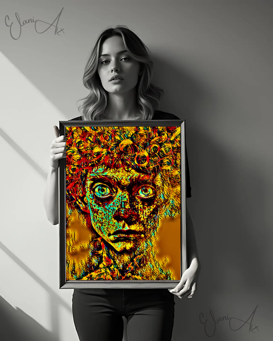 HALLUCINATIONS - An Original Vibrant Portraiture Man's Face Curly Red Hair Big Intense Eyes Impressionistic Wall Artwork Print by ElaniArt