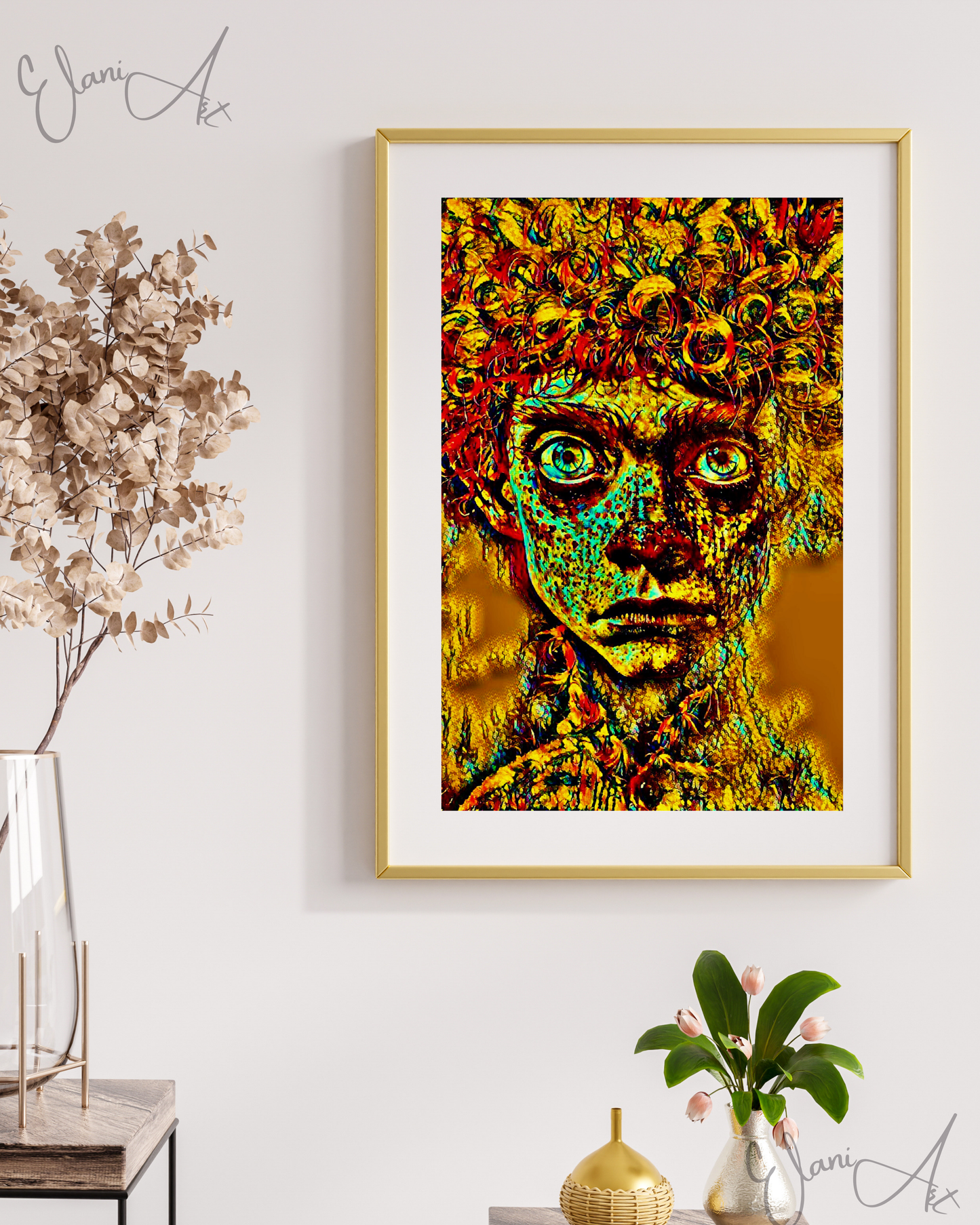 HALLUCINATIONS - An Original Vibrant Portraiture Man's Face Curly Red Hair Big Intense Eyes Impressionistic Wall Artwork Print by ElaniArt