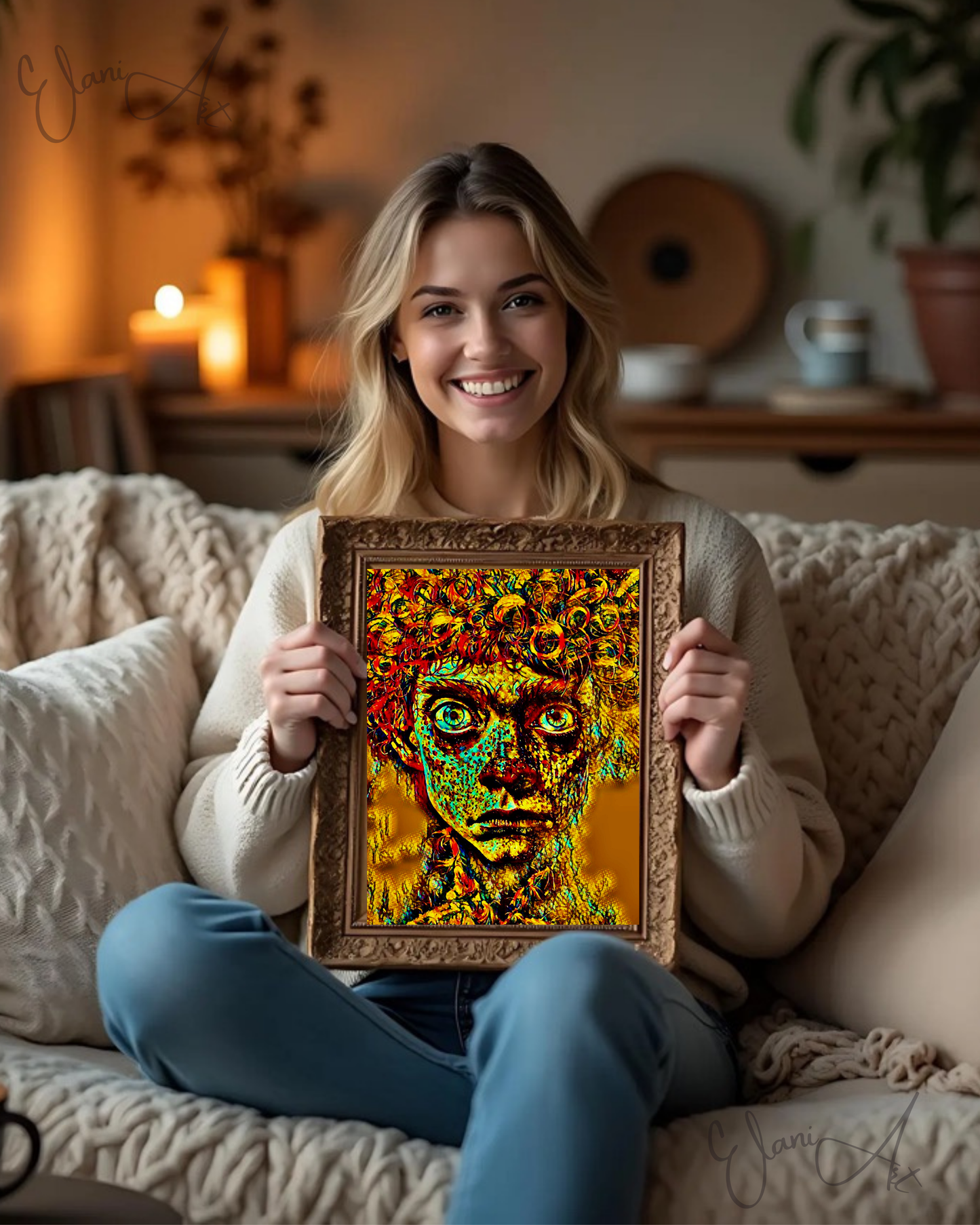 HALLUCINATIONS - An Original Vibrant Portraiture Man's Face Curly Red Hair Big Intense Eyes Impressionistic Wall Artwork Print by ElaniArt