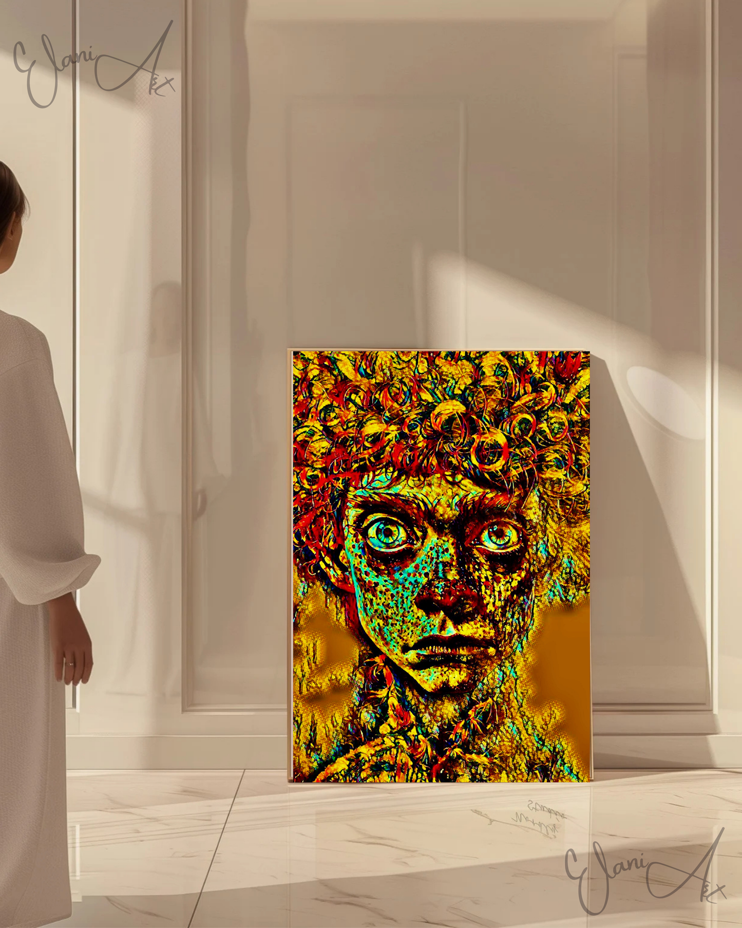HALLUCINATIONS - An Original Vibrant Portraiture Man's Face Curly Red Hair Big Intense Eyes Impressionistic Wall Artwork Print by ElaniArt
