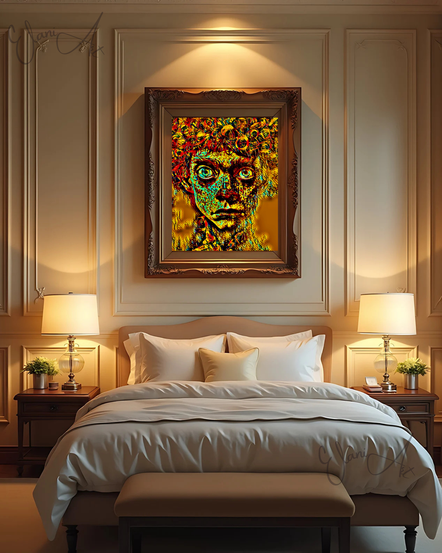 HALLUCINATIONS - An Original Vibrant Portraiture Man's Face Curly Red Hair Big Intense Eyes Impressionistic Wall Artwork Print by ElaniArt