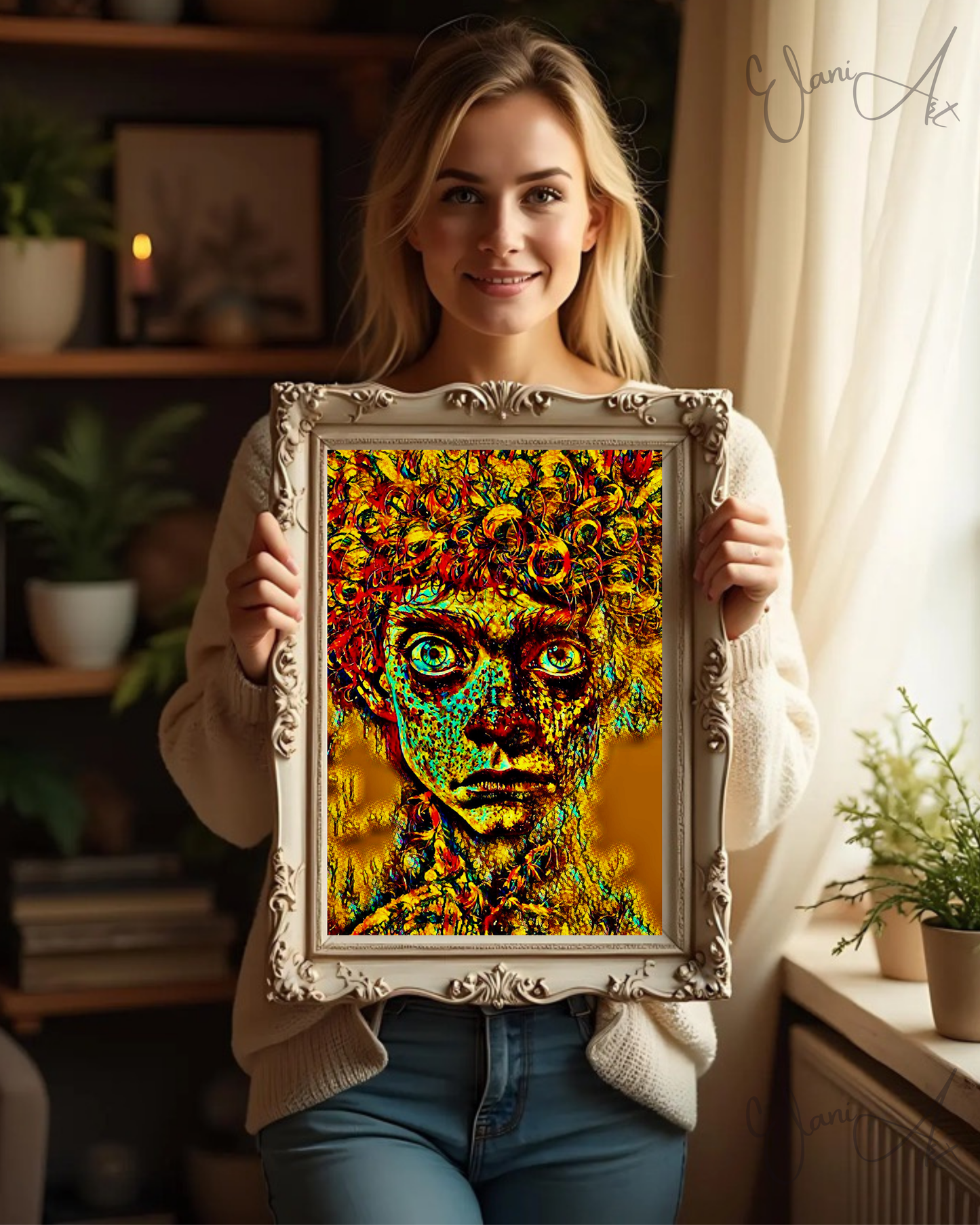 HALLUCINATIONS - An Original Vibrant Portraiture Man's Face Curly Red Hair Big Intense Eyes Impressionistic Wall Artwork Print by ElaniArt