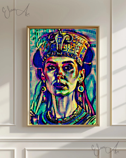 HATHOR - An Original Vibrant Blue Colorful Egyptian Goddess Love, Fertility, Music and Joy Impressionistic Wall Artwork Print by ElaniArt