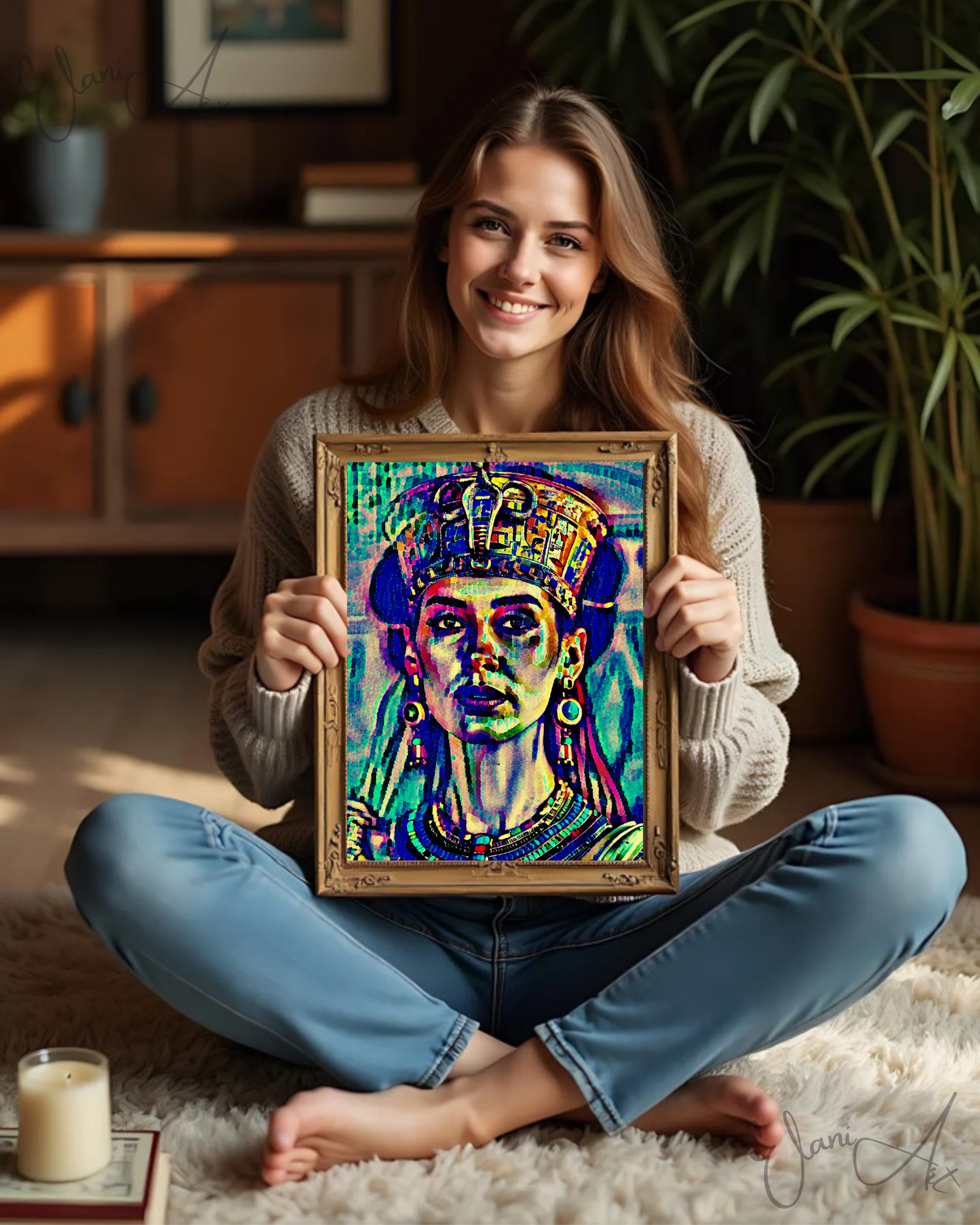 HATHOR - An Original Vibrant Blue Colorful Egyptian Goddess Love, Fertility, Music and Joy Impressionistic Wall Artwork Print by ElaniArt