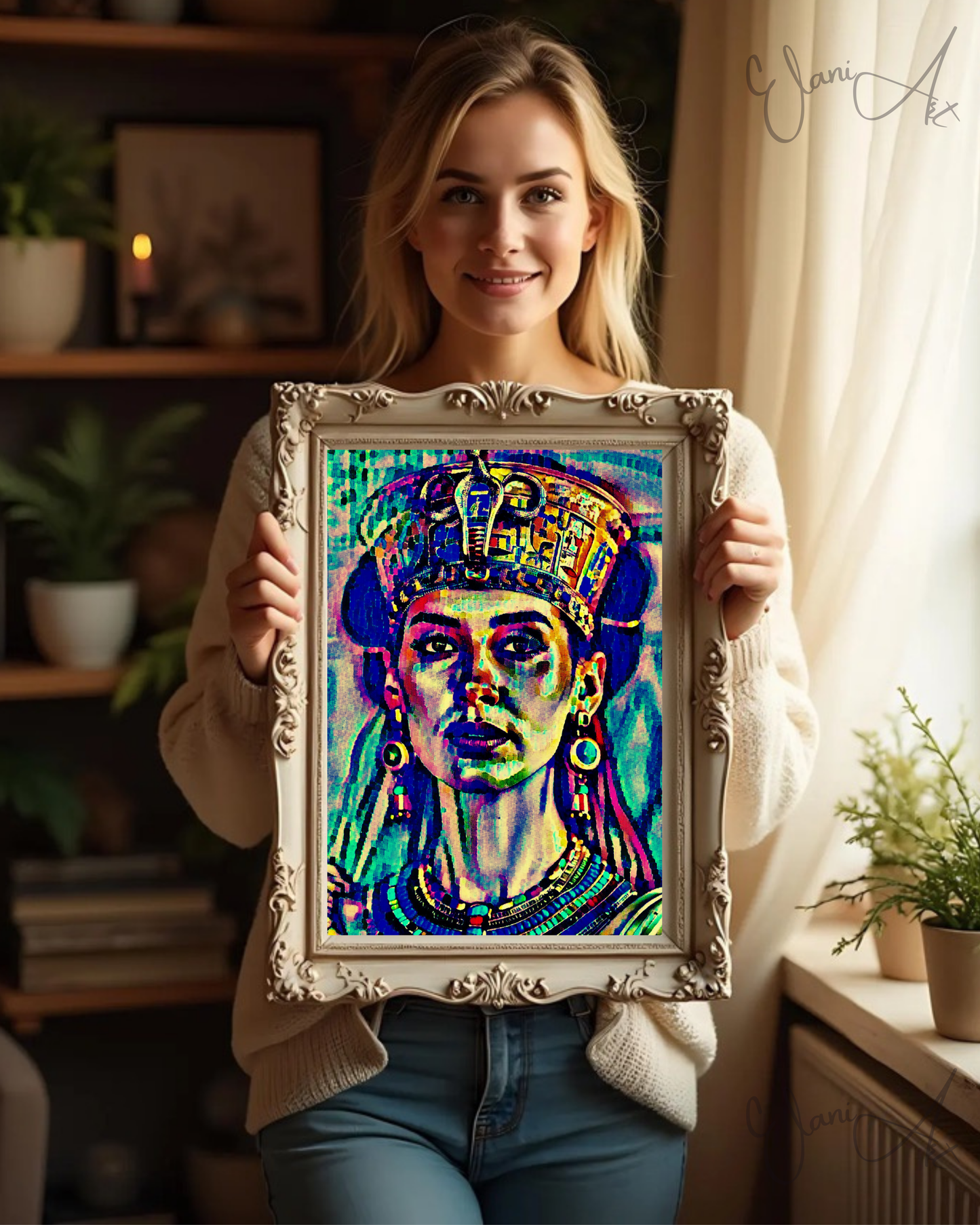 HATHOR - An Original Vibrant Blue Colorful Egyptian Goddess Love, Fertility, Music and Joy Impressionistic Wall Artwork Print by ElaniArt