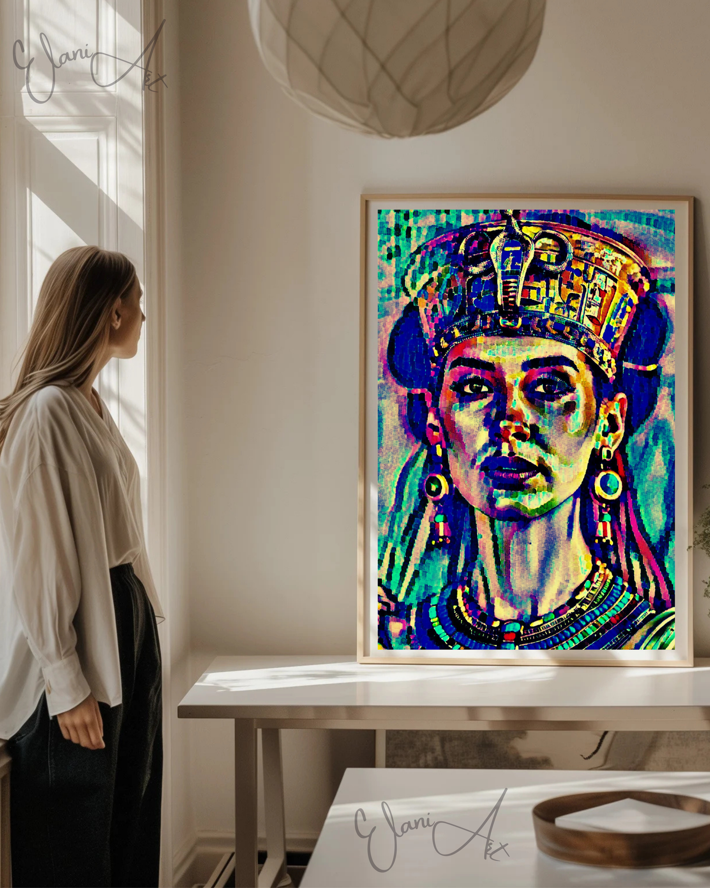 HATHOR - An Original Vibrant Blue Colorful Egyptian Goddess Love, Fertility, Music and Joy Impressionistic Wall Artwork Print by ElaniArt