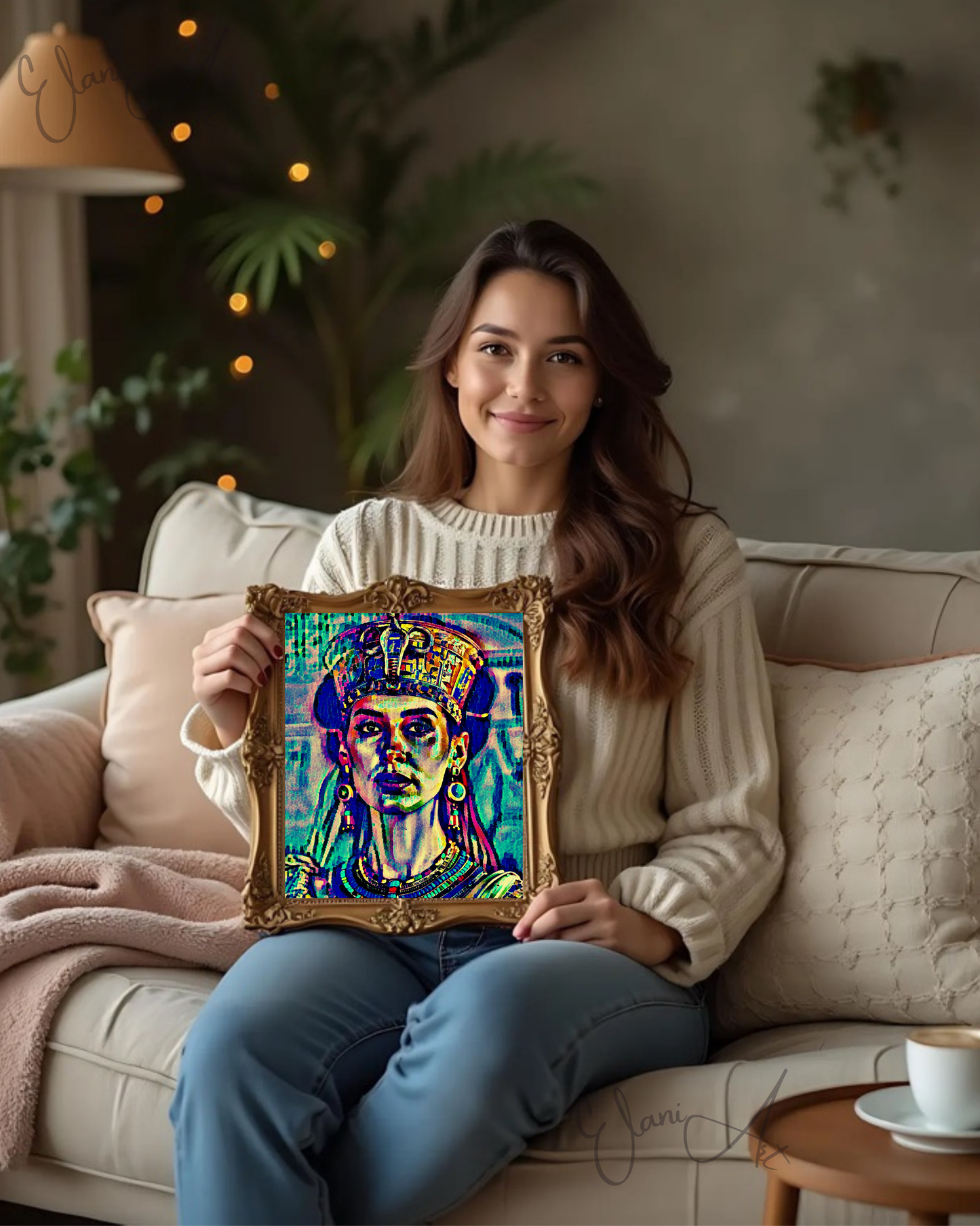 HATHOR - An Original Vibrant Blue Colorful Egyptian Goddess Love, Fertility, Music and Joy Impressionistic Wall Artwork Print by ElaniArt