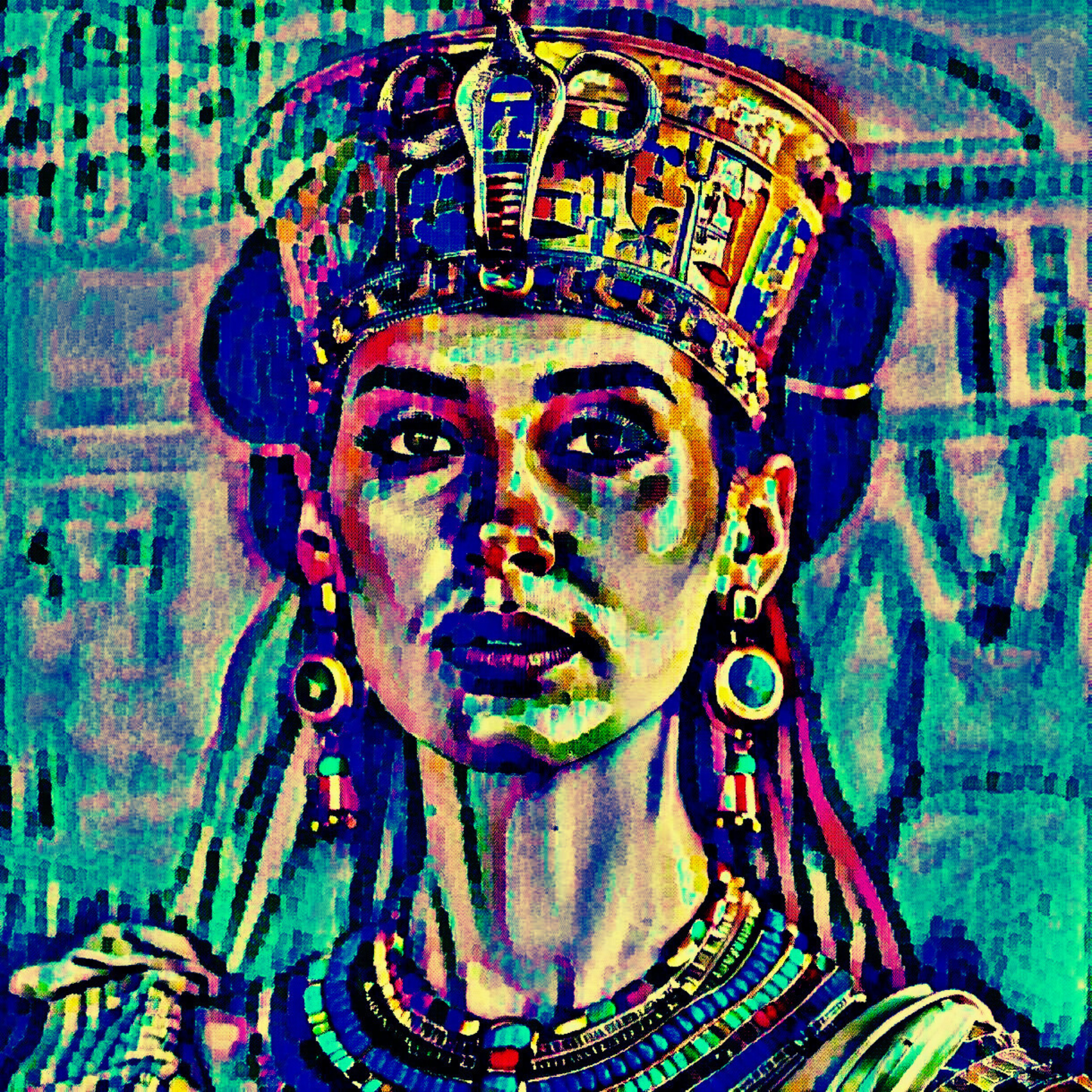 HATHOR - An Original Vibrant Blue Colorful Egyptian Goddess Love, Fertility, Music and Joy Impressionistic Wall Artwork Print by ElaniArt