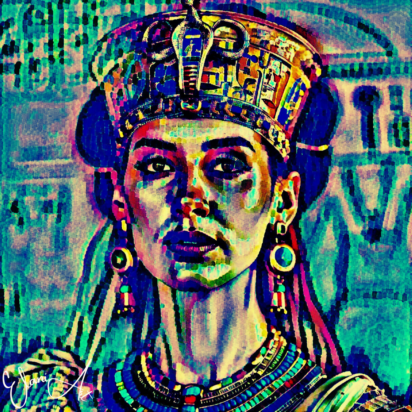 HATHOR - An Original Vibrant Blue Colorful Egyptian Goddess Love, Fertility, Music and Joy Impressionistic Wall Artwork Print by ElaniArt