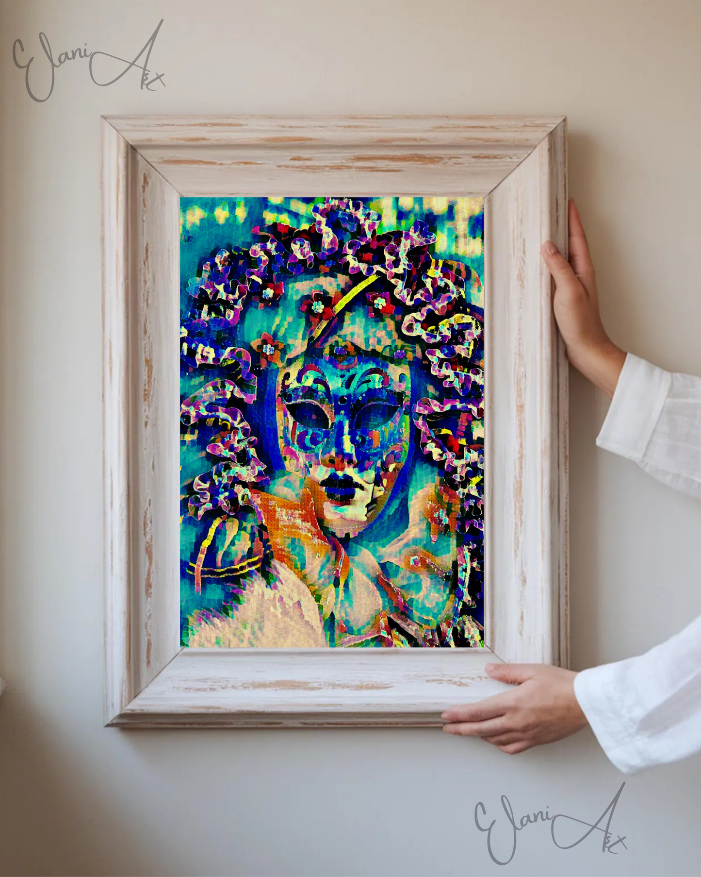 HERS - An Original Vibrant Blue Venetian Theatrical Masquerade Carnival Festival Face Mask Impressionistic Wall Artwork Print by ElaniArt