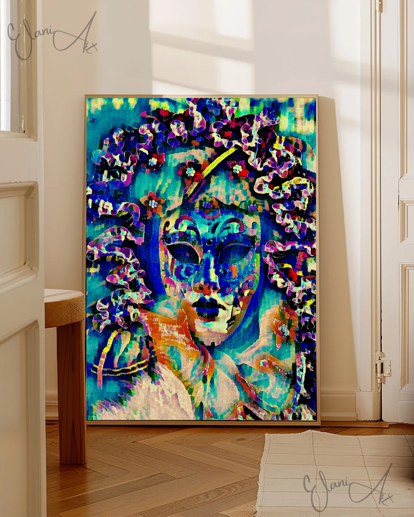 HERS - An Original Vibrant Blue Venetian Theatrical Masquerade Carnival Festival Face Mask Impressionistic Wall Artwork Print by ElaniArt