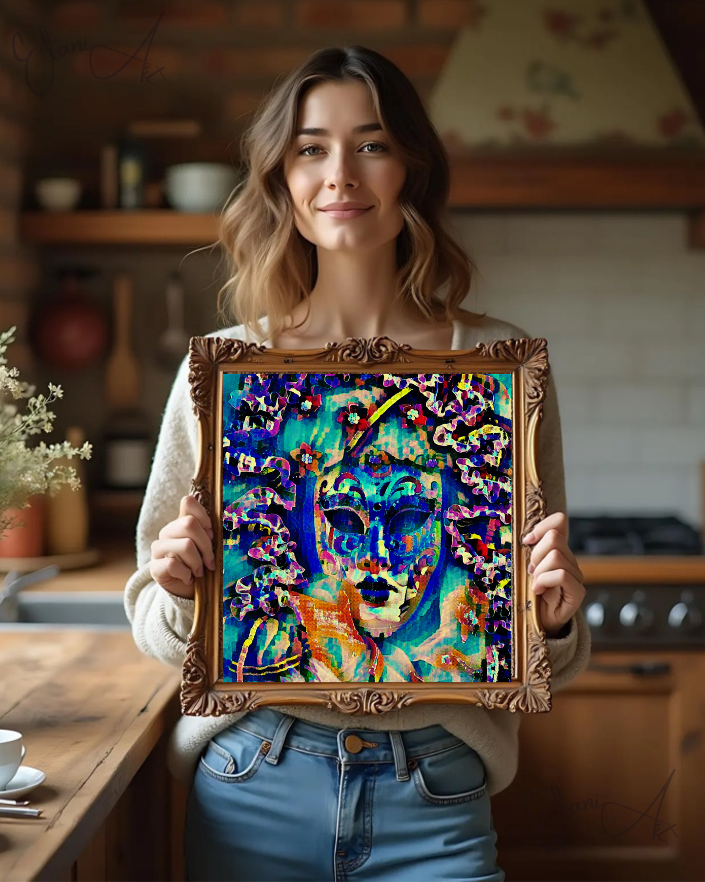 HERS - An Original Vibrant Blue Venetian Theatrical Masquerade Carnival Festival Face Mask Impressionistic Wall Artwork Print by ElaniArt