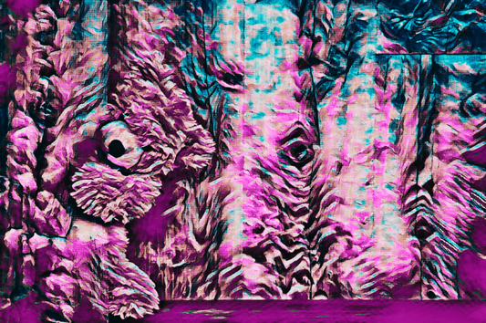 HIDING TEDDY - An Original Vibrant Pink Blue Colorful Teddy Bear Playing Hide and Seek Impressionistic Wall Artwork Print by ElaniArt