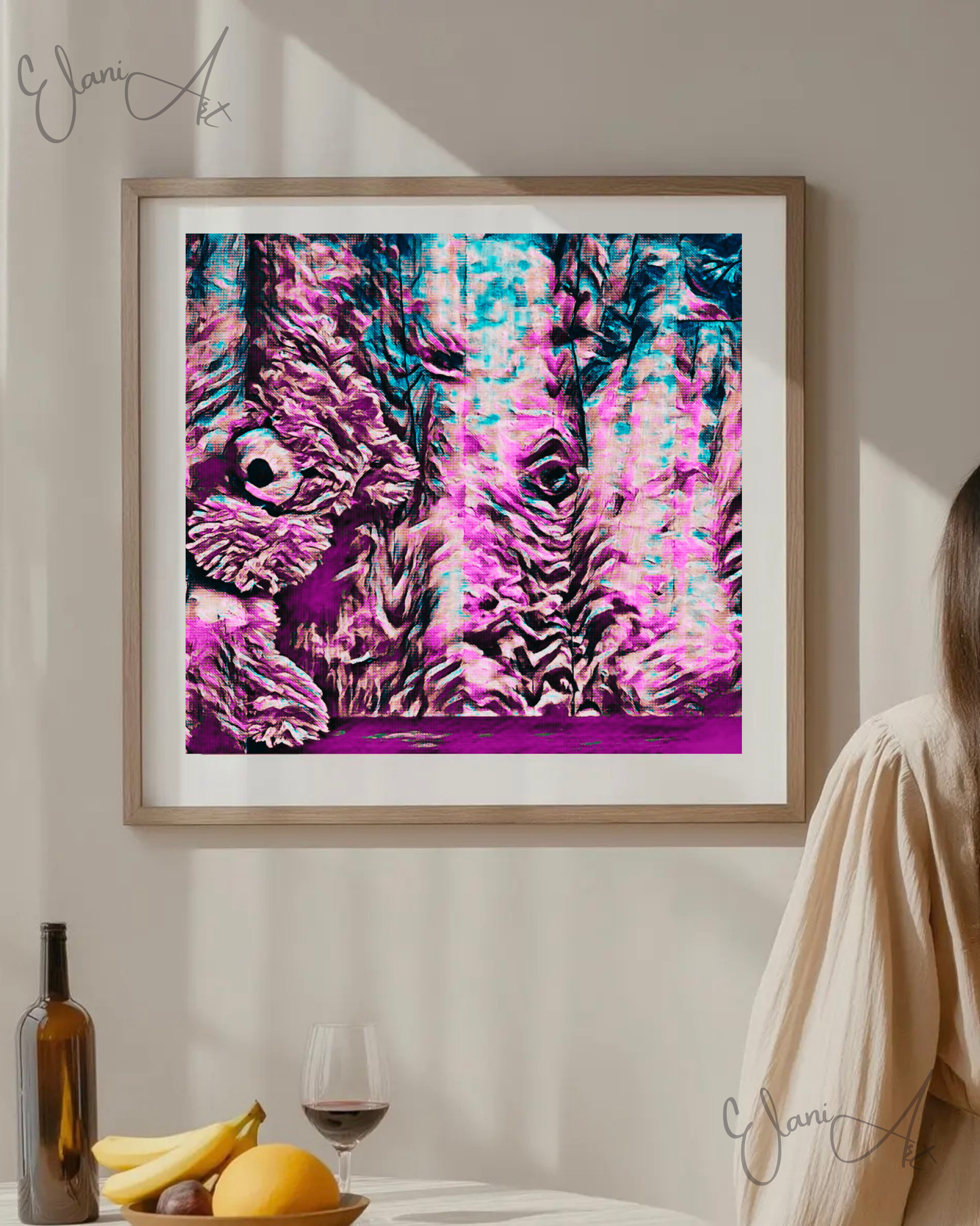 HIDING TEDDY - An Original Vibrant Pink Blue Colorful Teddy Bear Playing Hide and Seek Impressionistic Wall Artwork Print by ElaniArt