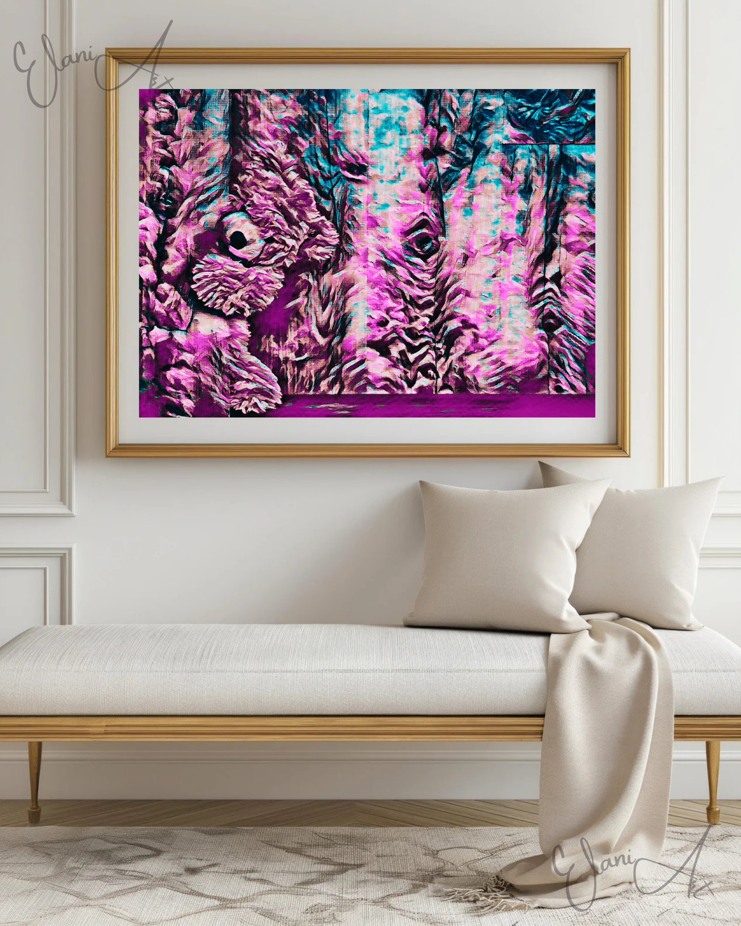 HIDING TEDDY - An Original Vibrant Pink Blue Colorful Teddy Bear Playing Hide and Seek Impressionistic Wall Artwork Print by ElaniArt