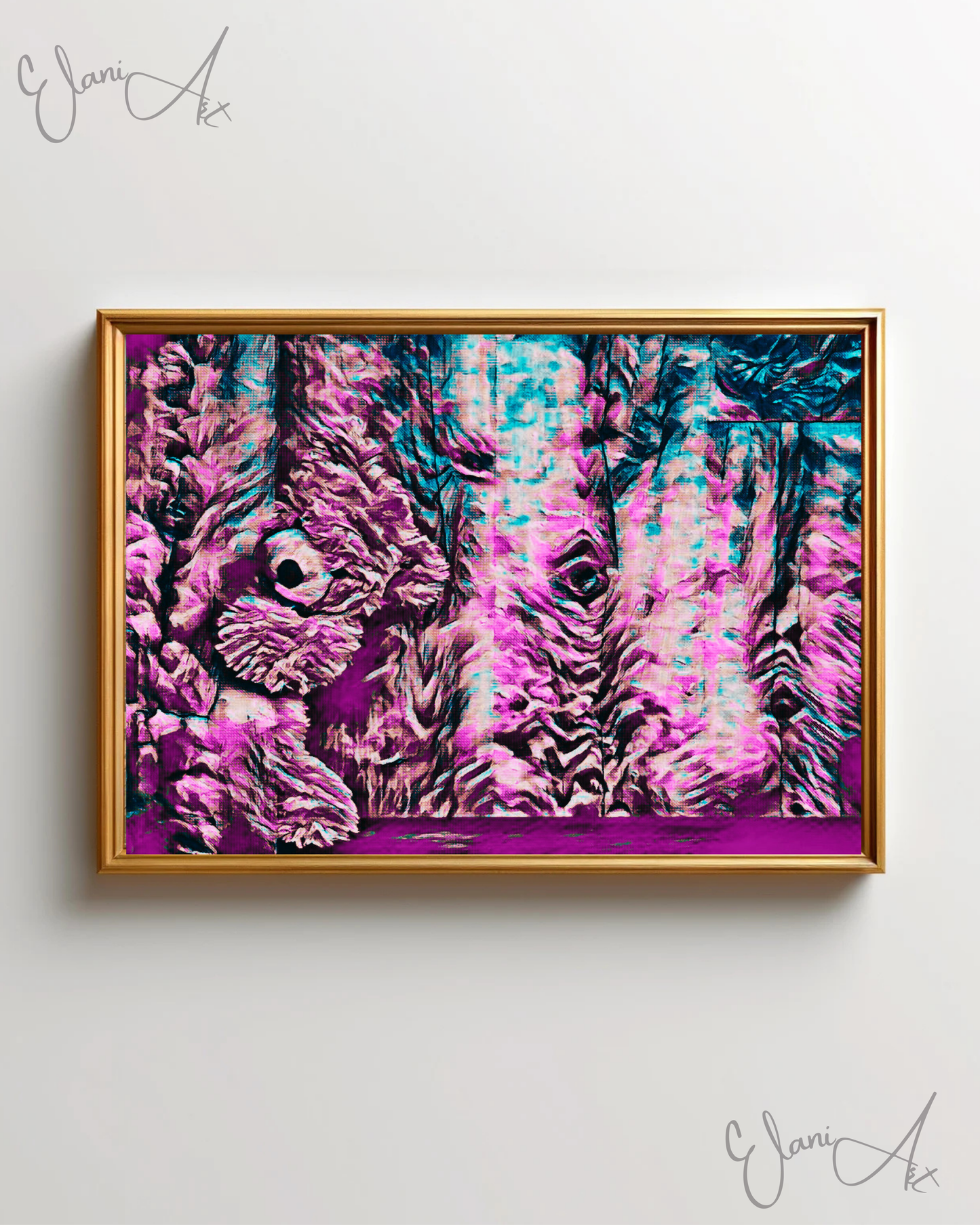 HIDING TEDDY - An Original Vibrant Pink Blue Colorful Teddy Bear Playing Hide and Seek Impressionistic Wall Artwork Print by ElaniArt