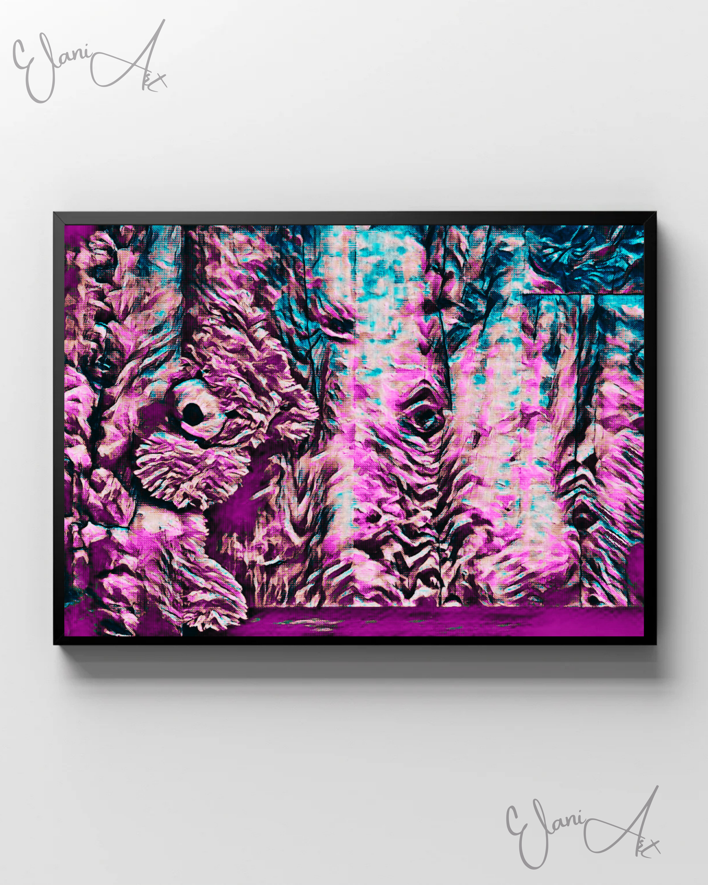 HIDING TEDDY - An Original Vibrant Pink Blue Colorful Teddy Bear Playing Hide and Seek Impressionistic Wall Artwork Print by ElaniArt