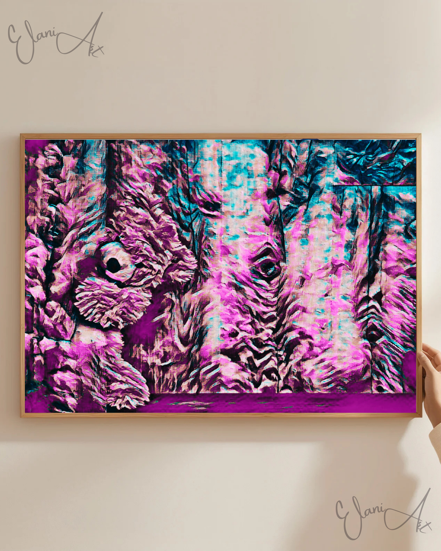 HIDING TEDDY - An Original Vibrant Pink Blue Colorful Teddy Bear Playing Hide and Seek Impressionistic Wall Artwork Print by ElaniArt