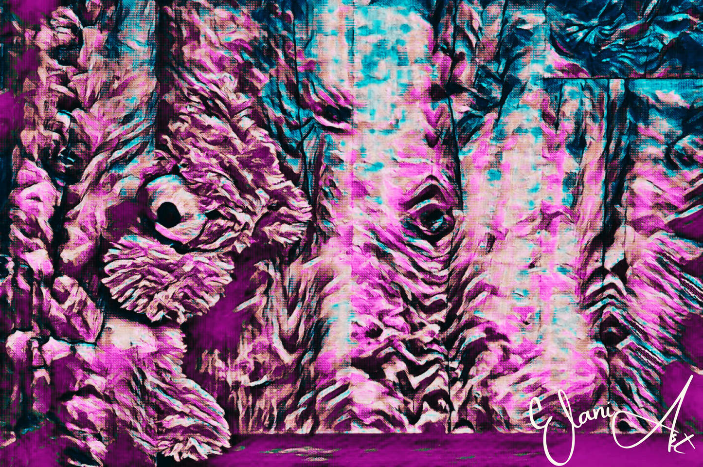 HIDING TEDDY - An Original Vibrant Pink Blue Colorful Teddy Bear Playing Hide and Seek Impressionistic Wall Artwork Print by ElaniArt