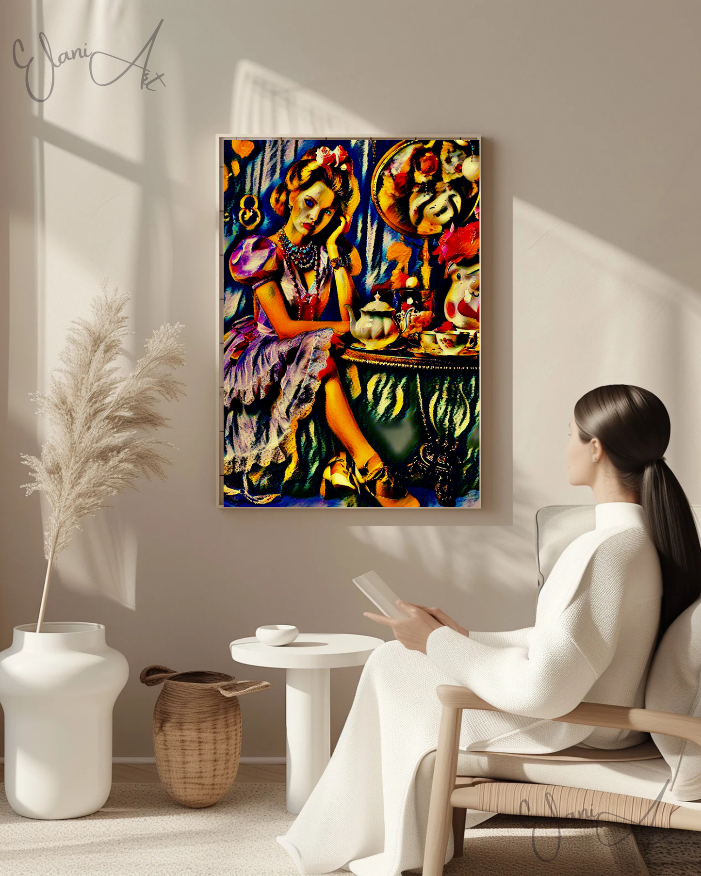 HIGH TEA @ 6P - An Original Vibrant Colorful Woman Dressed Up for Tea Necklace Teapot Teacups Impressionistic Wall Artwork Print by ElaniArt