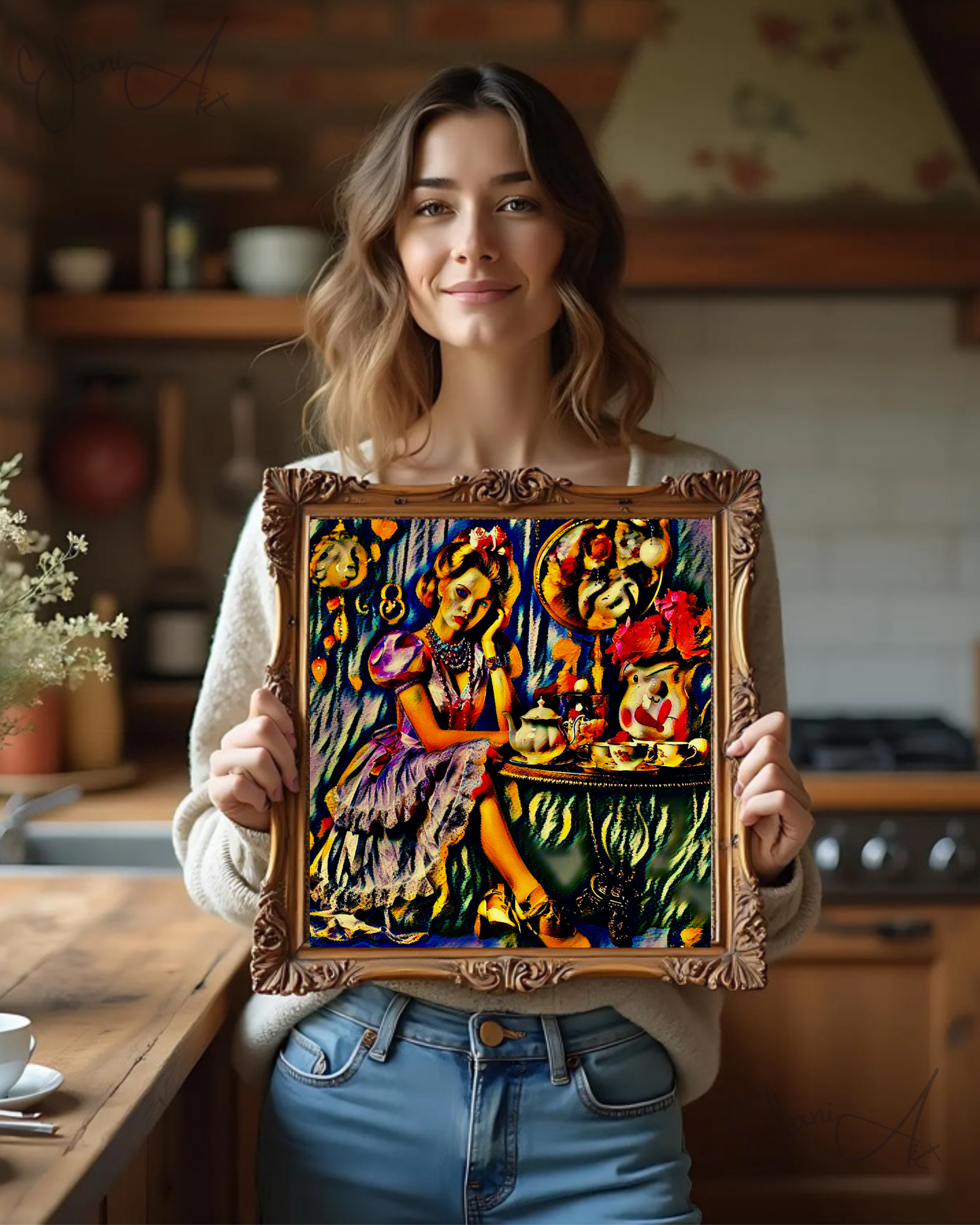 HIGH TEA @ 6P - An Original Vibrant Colorful Woman Dressed Up for Tea Necklace Teapot Teacups Impressionistic Wall Artwork Print by ElaniArt