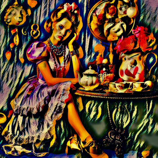 HIGH TEA @ 6P - An Original Vibrant Colorful Woman Dressed Up for Tea Necklace Teapot Teacups Impressionistic Wall Artwork Print by ElaniArt