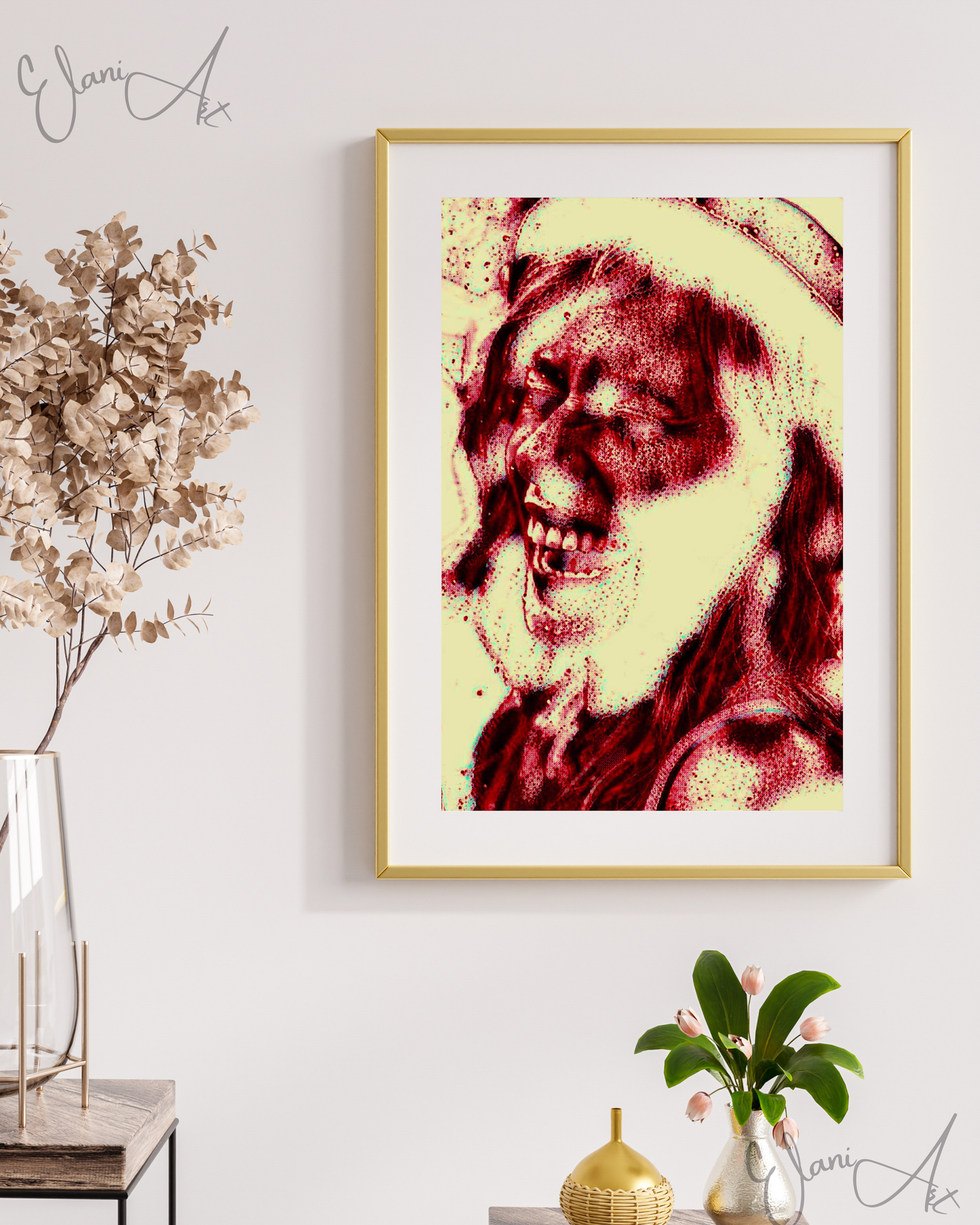 HILARIOUS - An Original Vivid Red Ivory Woman Laughing Open-Mouth Eyes Closed with Hat Portraiture Impressionistic Artwork Print by ElaniArt