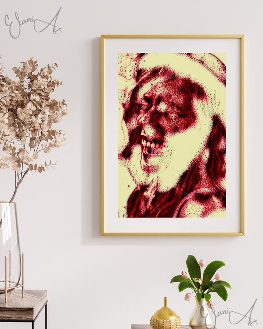 HILARIOUS - An Original Vivid Red Ivory Woman Laughing Open-Mouth Eyes Closed with Hat Portraiture Impressionistic Artwork Print by ElaniArt