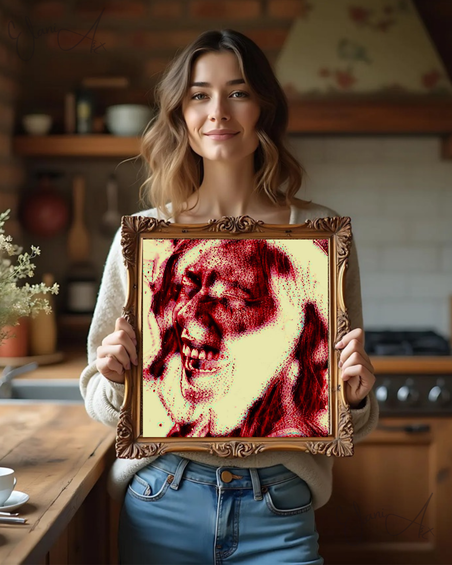 HILARIOUS - An Original Vivid Red Ivory Woman Laughing Open-Mouth Eyes Closed with Hat Portraiture Impressionistic Artwork Print by ElaniArt