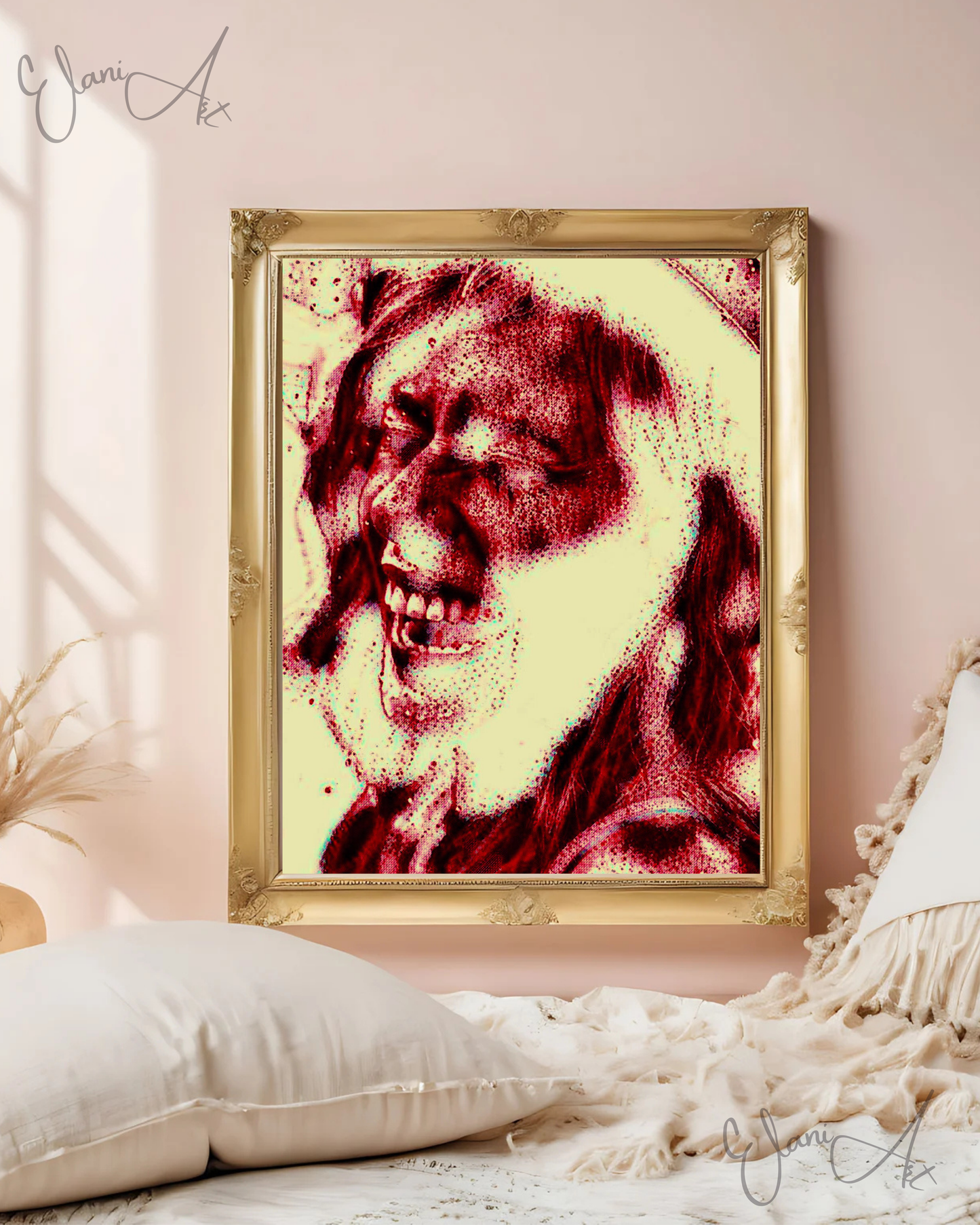 HILARIOUS - An Original Vivid Red Ivory Woman Laughing Open-Mouth Eyes Closed with Hat Portraiture Impressionistic Artwork Print by ElaniArt