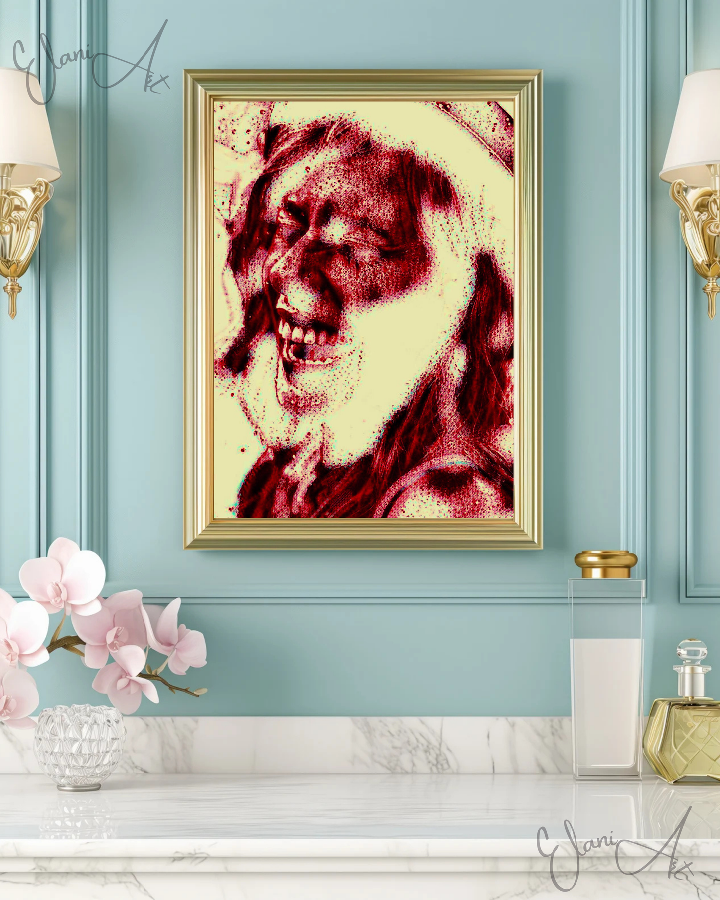 HILARIOUS - An Original Vivid Red Ivory Woman Laughing Open-Mouth Eyes Closed with Hat Portraiture Impressionistic Artwork Print by ElaniArt