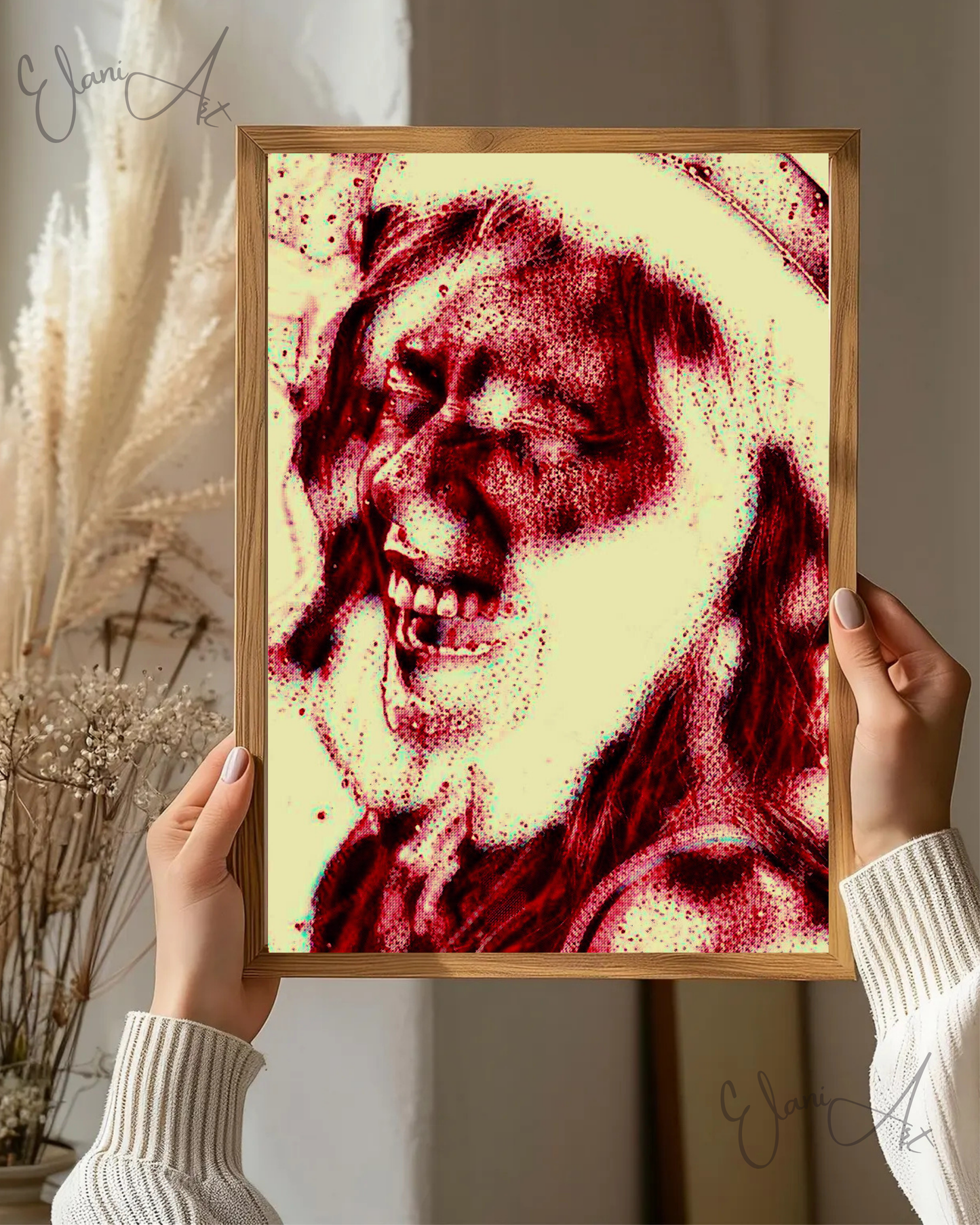 HILARIOUS - An Original Vivid Red Ivory Woman Laughing Open-Mouth Eyes Closed with Hat Portraiture Impressionistic Artwork Print by ElaniArt