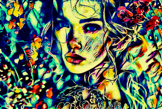IMMERSED IN BLOOMS - An Original Vibrant Colorful Woman Surrounded by Flowers Floral Portrait Impressionistic Wall Artwork Print by ElaniArt