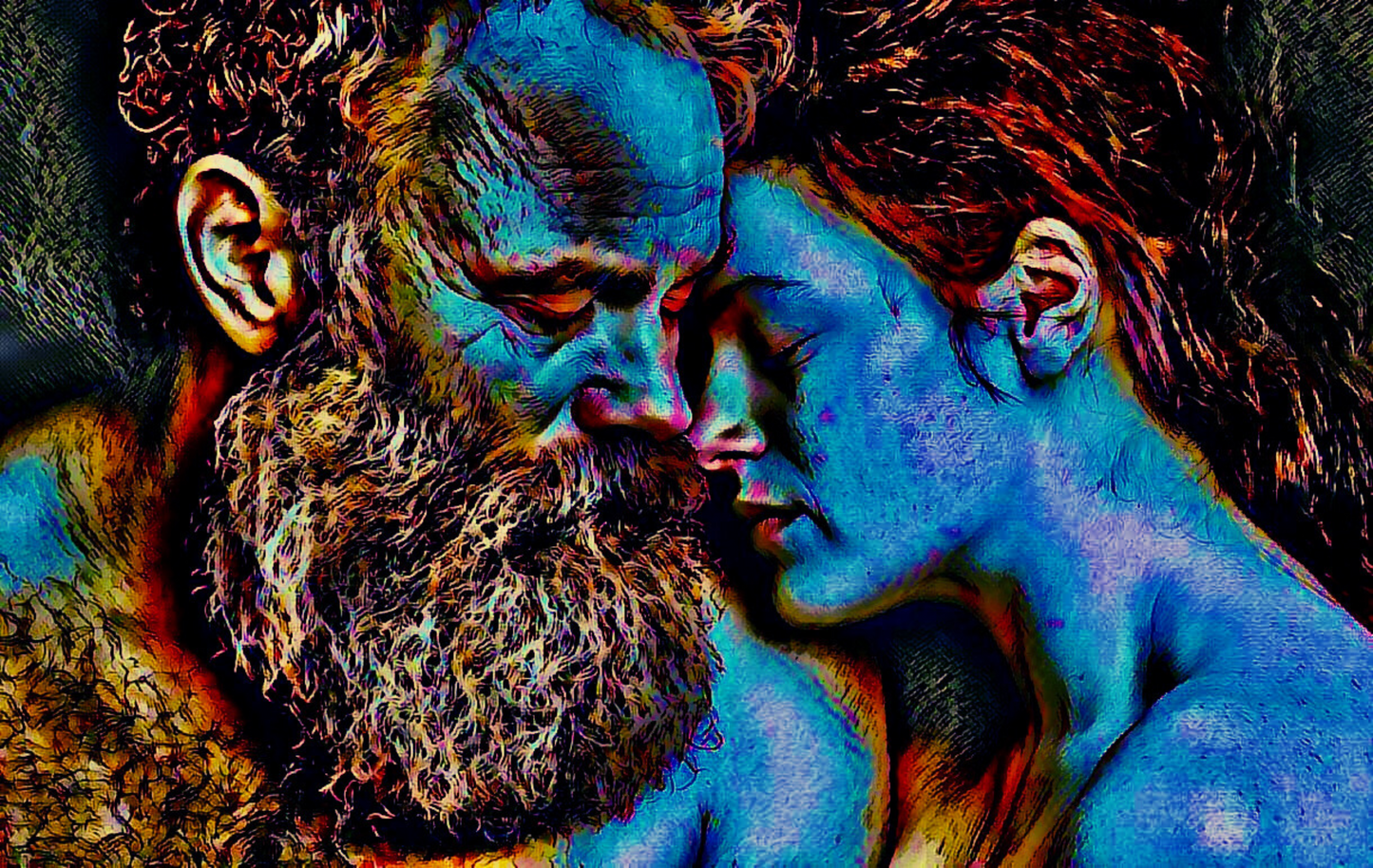 IN LOVE - An Original Vibrant Colorful Blue Bearded Man Woman Couple In Love Eyes Closed Portrait Impressionistic Artwork Print by ElaniArt