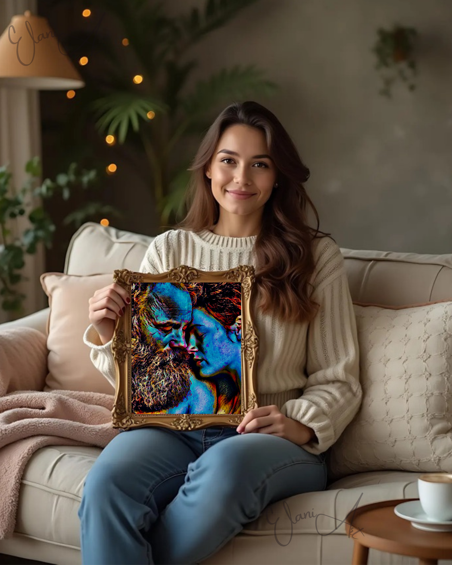 IN LOVE - An Original Vibrant Colorful Blue Bearded Man Woman Couple In Love Eyes Closed Portrait Impressionistic Artwork Print by ElaniArt