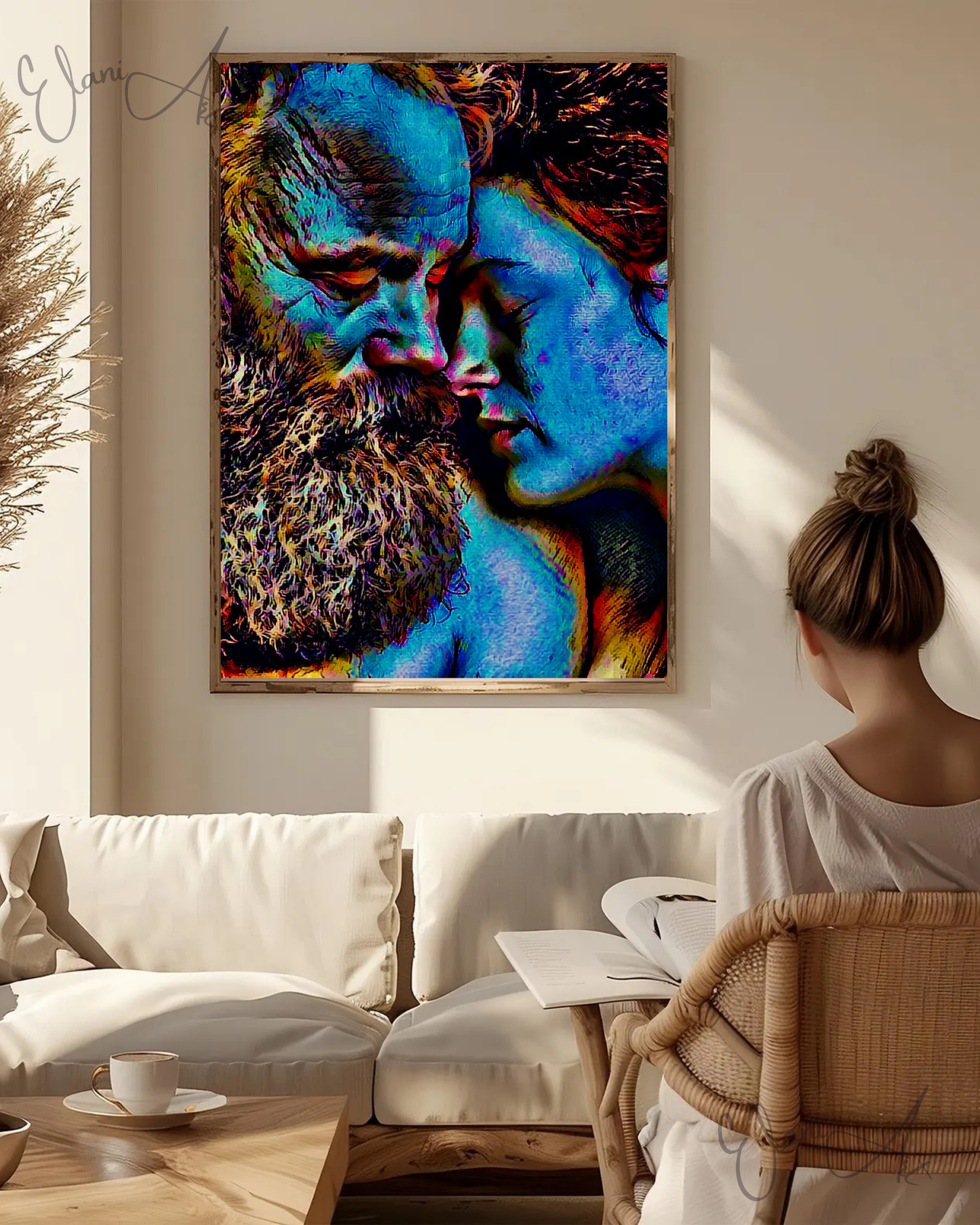 IN LOVE - An Original Vibrant Colorful Blue Bearded Man Woman Couple In Love Eyes Closed Portrait Impressionistic Artwork Print by ElaniArt