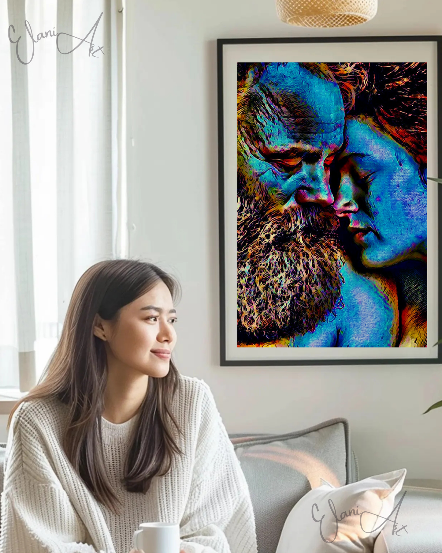 IN LOVE - An Original Vibrant Colorful Blue Bearded Man Woman Couple In Love Eyes Closed Portrait Impressionistic Artwork Print by ElaniArt