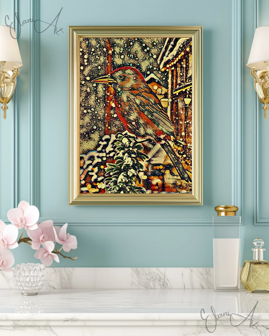 IN THE SNOW - An Original Vivid Brown Bird on Tree Branch in the Snow Mosaic Portrait Winter Impressionistic Wall Artwork Print by ElaniArt