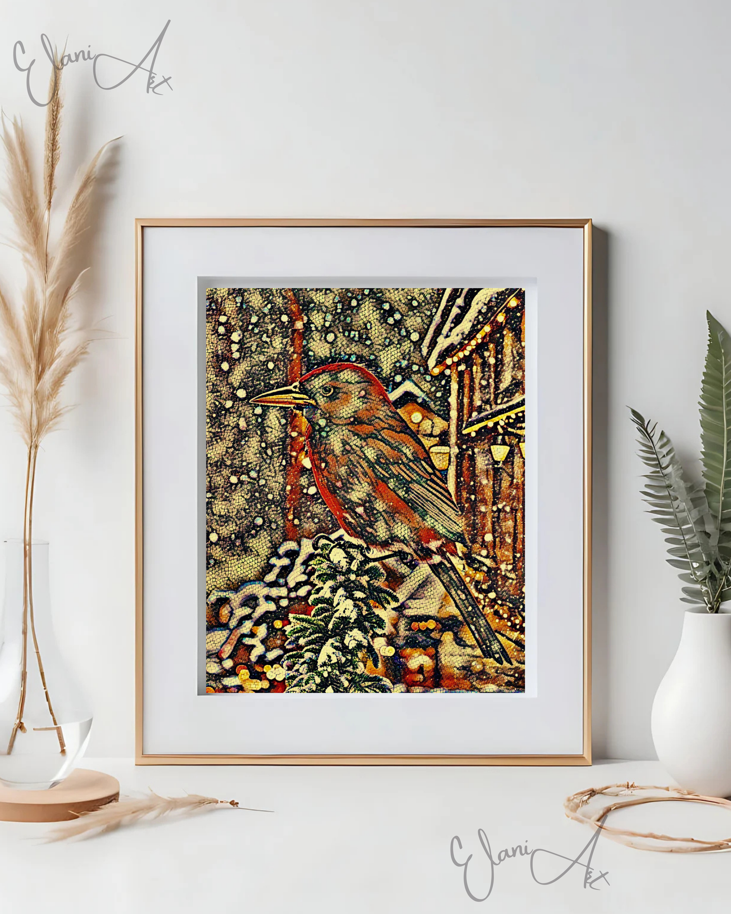 IN THE SNOW - An Original Vivid Brown Bird on Tree Branch in the Snow Mosaic Portrait Winter Impressionistic Wall Artwork Print by ElaniArt