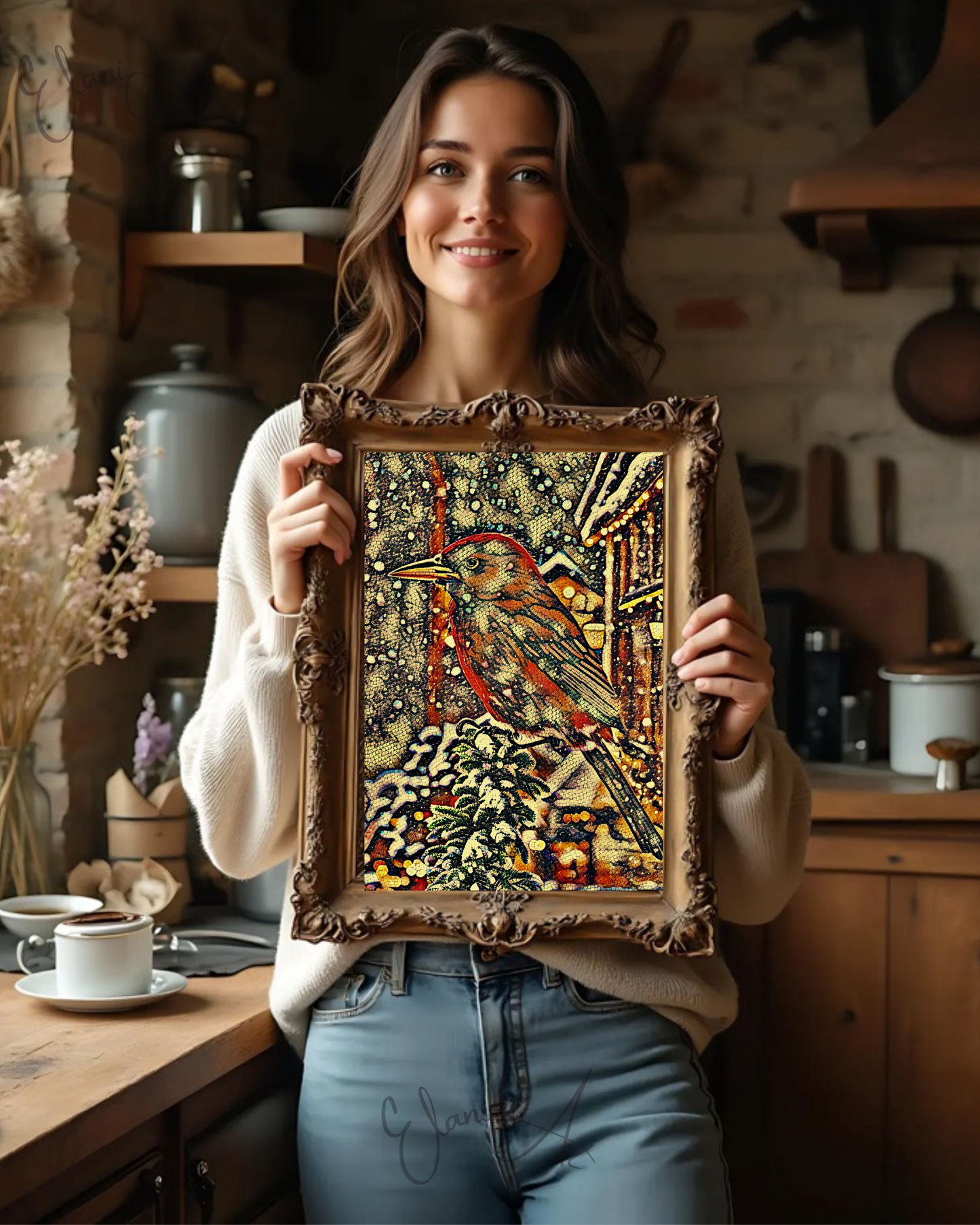 IN THE SNOW - An Original Vivid Brown Bird on Tree Branch in the Snow Mosaic Portrait Winter Impressionistic Wall Artwork Print by ElaniArt